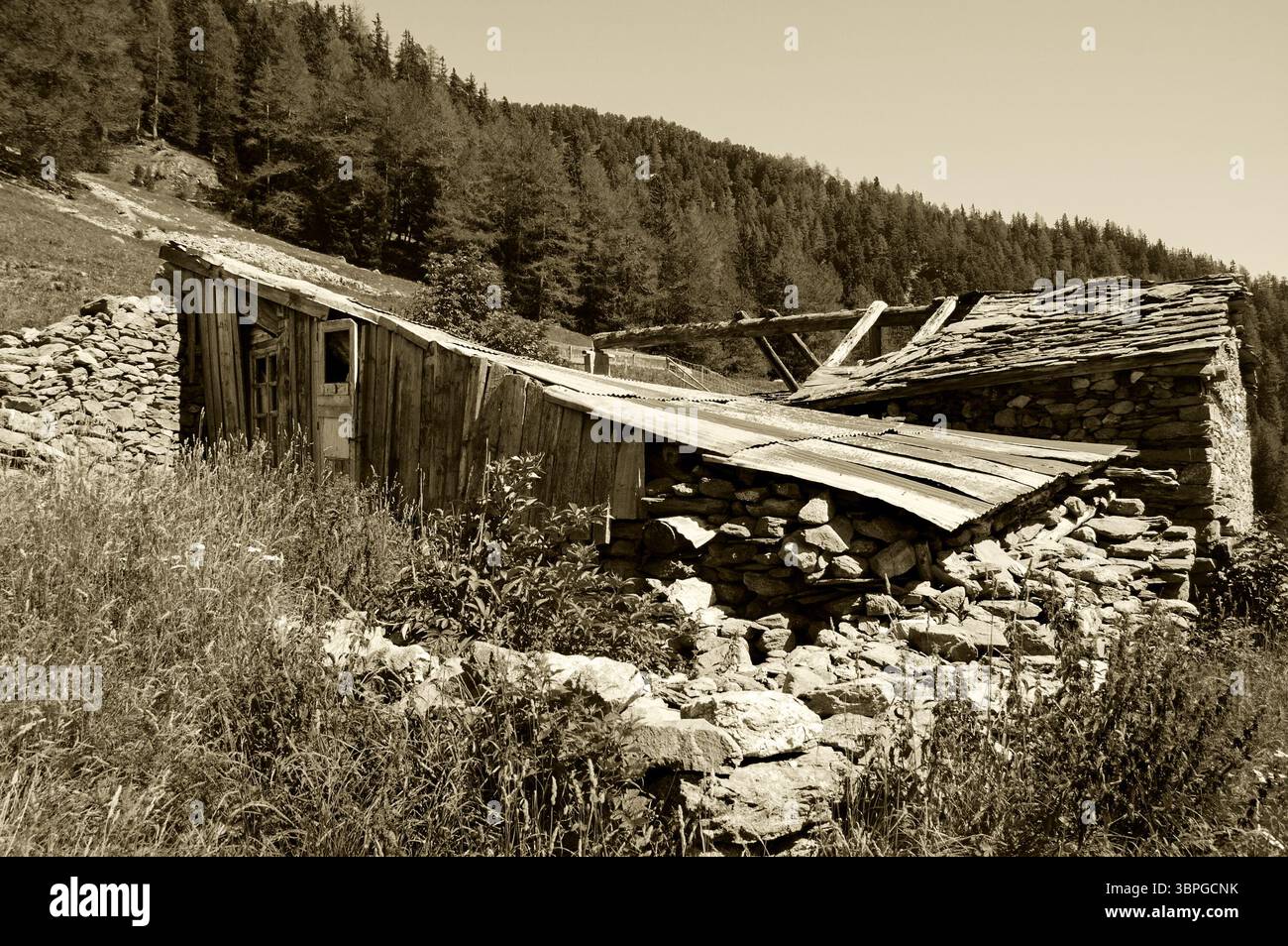 Ruiniertes Bauernhaus aus Stein in Savoie, Frankreich. Historisches Foto von Sepia. Stockfoto