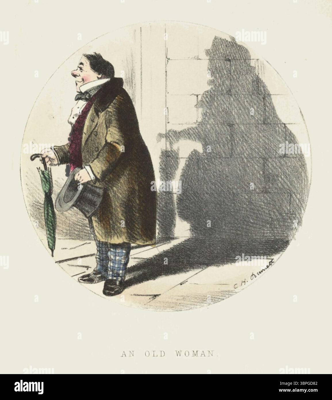 Humorvolle viktorianische Illustration mit dem Titel eine alte Frau, die einen Mann zeigt, der den Schatten einer alten Dame mit einer Handtasche und einer Motorhaube wirft. Aus Schatten von Charles H. Bennett. London, England. Um 1856. Stockfoto