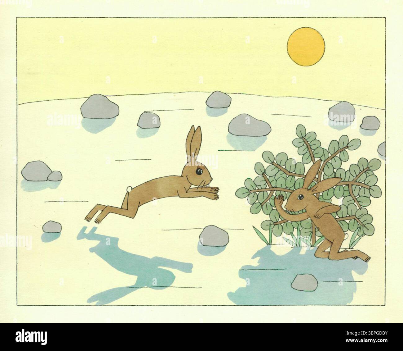 Illustration aus „der Furchtmacher“, einem Bilener Märchen aus Tom Seidmann-Freuds Buch der Hasengeschichten (1924). Ein schlauer Hase springt auf eine versteckte Figur zu, die als Laub unter der hellen Sonne getarnt ist. Stockfoto