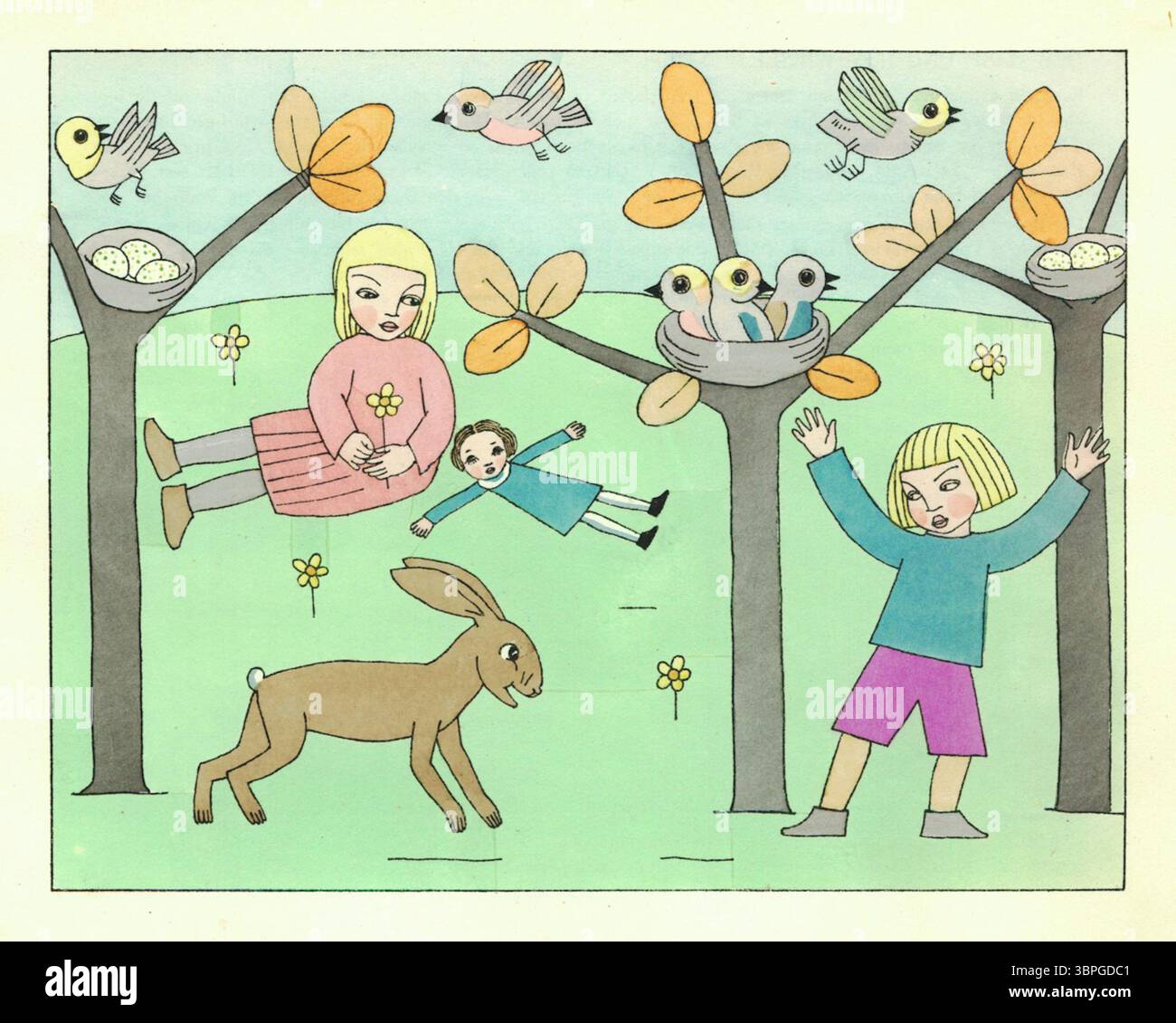 Illustration aus „der Hase, der lachte bis zu seinem Lippenbruch“, einem skurrilen Märchen aus der Gemeinde Waiwara, das in Tom Seidmann-Freuds Buch der Hasengeschichten (1924) dargestellt ist. Kinder und Tiere spielen zwischen Bäumen, während der Hase des Märchens Lachen und Unheil in eine friedliche Szene bringt. Stockfoto