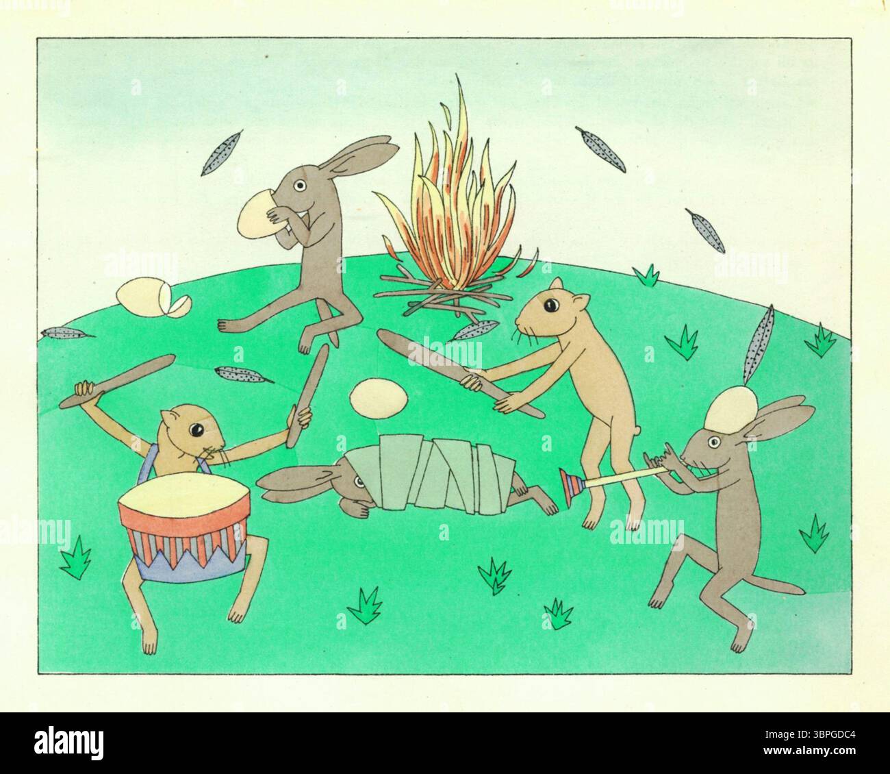 Illustration aus „der Hase und das Weasel“, einem Swahili-Märchen aus Tom Seidmann-Freuds Buch der Hasen Geschichten (1924). Anthropomorphe Tiere trommeln, tanzen und führen ein Ritual um ein Feuer herum auf, das Folklore und Fantasie in einer lebendigen Waldszene vereint. Stockfoto