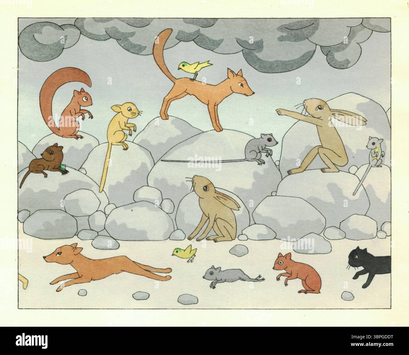 Illustration aus „Warum der Hase keinen Schwanz hat“, einem traditionellen Zulu-Märchen, das in Tom Seidmann-Freuds Buch der Hasengeschichten (1924) enthalten ist. Tiere sammeln sich auf felsigem Gelände unter stürmischem Himmel, während die Geschichte erklärt, wie der Hase seinen Schwanz verloren hat. Stockfoto