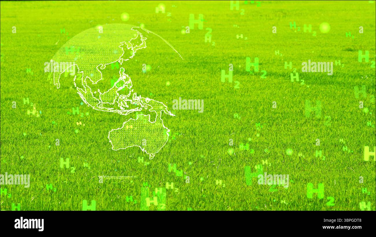 Globale digitale und südostasien mit Blasen grünen H2-Textpartikeln, die auf grünem Gras fliegen, Konzept grüner Wasserstoff saubere Energie alle W Stockfoto