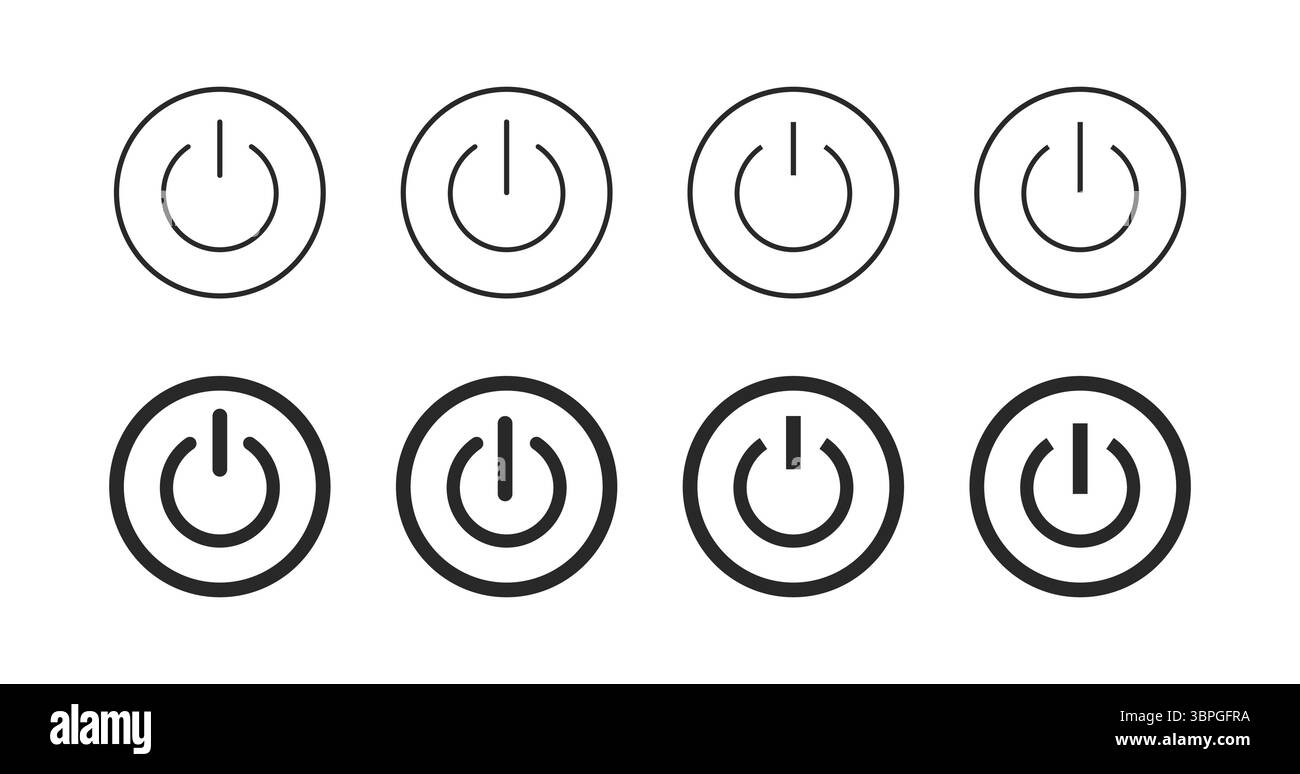 Betriebsschaltersymbole in umrissener und fettgedruckter Darstellung für ein-/Ausschalter, Starten, Herunterfahren, Steuerung, Energie, Geräteaktivierung und digitale Schnittstelle Stock Vektor