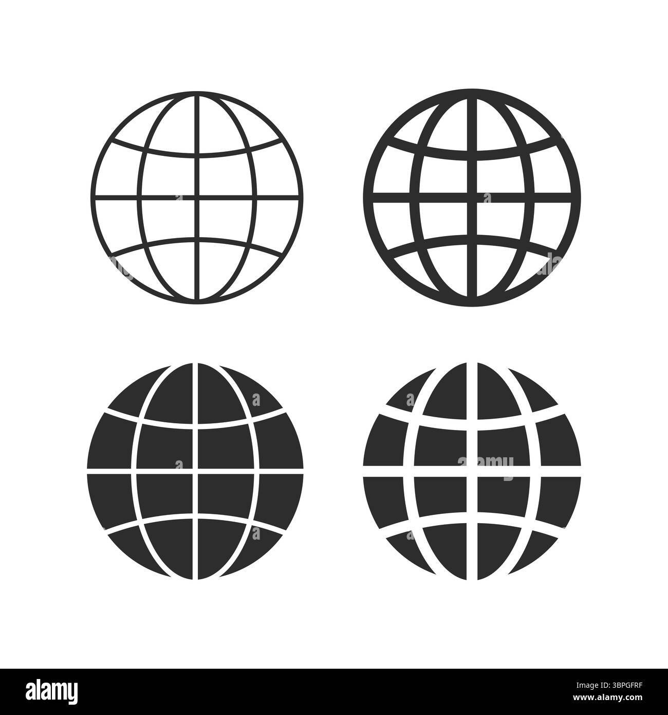 Globus-Symbole in Umrissen und soliden Stilen für Internet, Welt, globales Netzwerk, Webzugriff, Online-Konnektivität, weltweite Kommunikation Stock Vektor