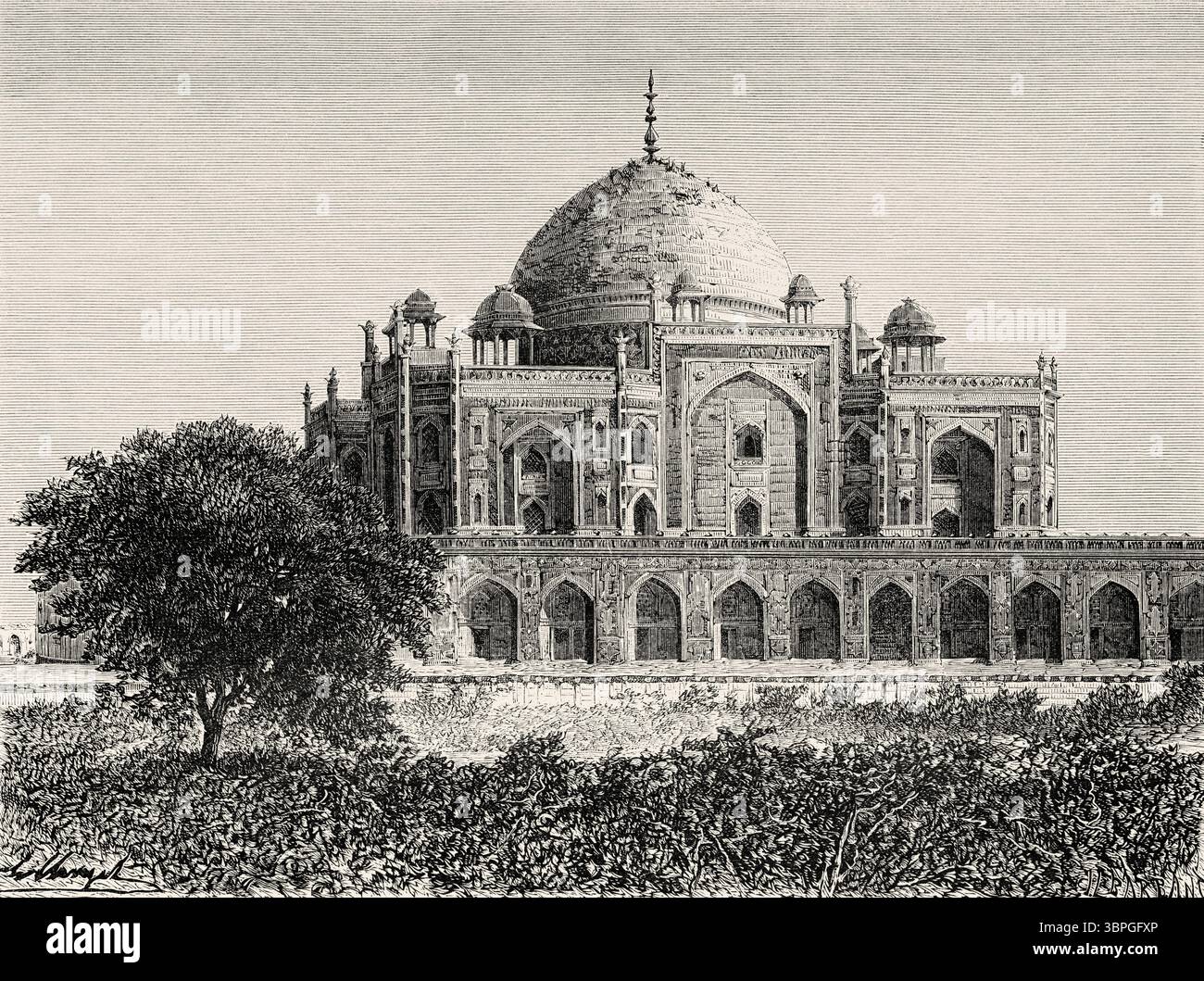 Das Grab von Kaiser Humayun, ein Komplex von Mogul-Architekturgebäuden in der indischen Stadt Delhi. Unesco-Weltkulturerbe, Indien. Zeichnung von Hubert Clerget (1818–1899) reist in Zentralindien und in die Präsidentschaften von Bombay und Bengalen, 1876 von Louis Theophile Marie Rousselet (1845–1929) Le Tour du Monde 1874 Stockfoto