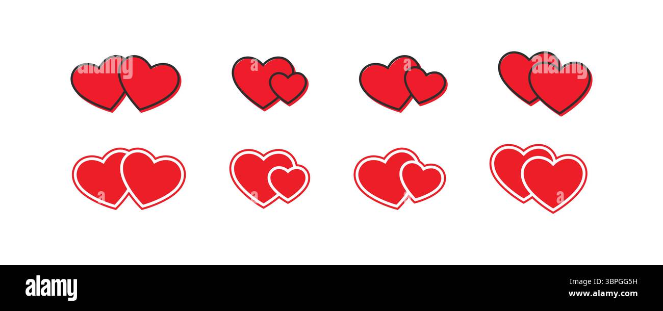 Herzsymbole, die Liebe, Romantik, Beziehung, Zuneigung und emotionale Verbindung mit sich überschneidenden Formen in Schwarz-weiß-Variationen darstellen Stock Vektor