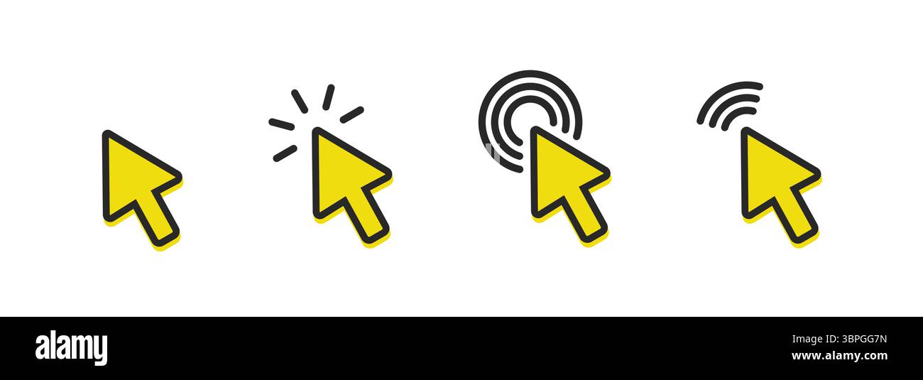 Cursorsymbole, die das Klicken, die Interaktion mit dem Mauszeiger, die Auswahl und die digitale Navigation mit Variationen, einschließlich Click-Effekten und -Signalen, darstellen Stock Vektor