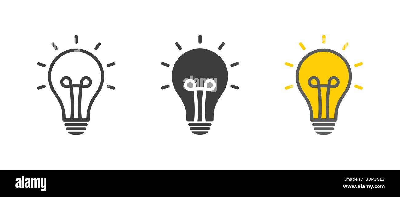 Glühlampensymbole, die Ideen, Innovation, Kreativität, Energie und Lösungen in schwarzen, grauen und gelben Variationen auf weißem Hintergrund darstellen Stock Vektor