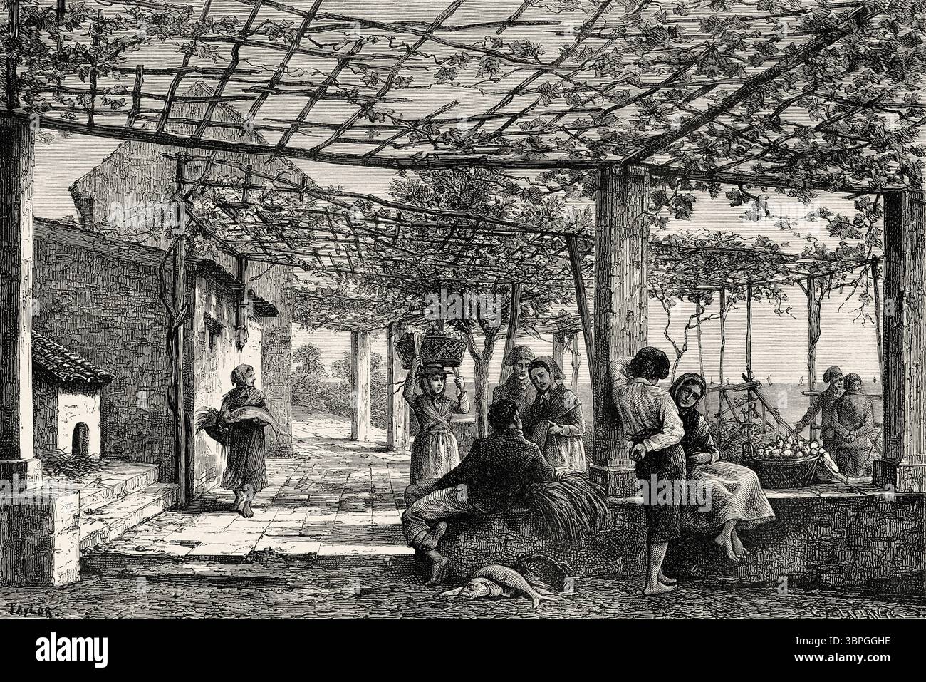Traditionelles Haus im Dorf Ventimiglia, Riviera di Ponente, Provinz Imperia, Region Ligurien, Italien. Zeichnung von Taylor. Reise nach Menton und Bordighera, 1871 von Adolphe Joanne (1813–1881) Le Tour du Monde 1874 Stockfoto