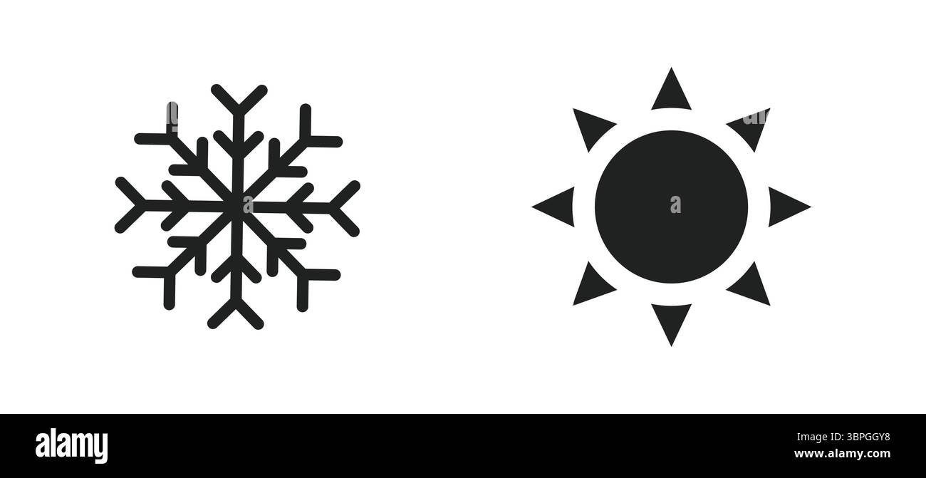 Schneeflocken- und Sonnensymbole, die kalte und heiße Wetterbedingungen, Winter- und Sommerzeiten, Temperaturkontrast, Klima und Umweltbedingungen darstellen Stock Vektor