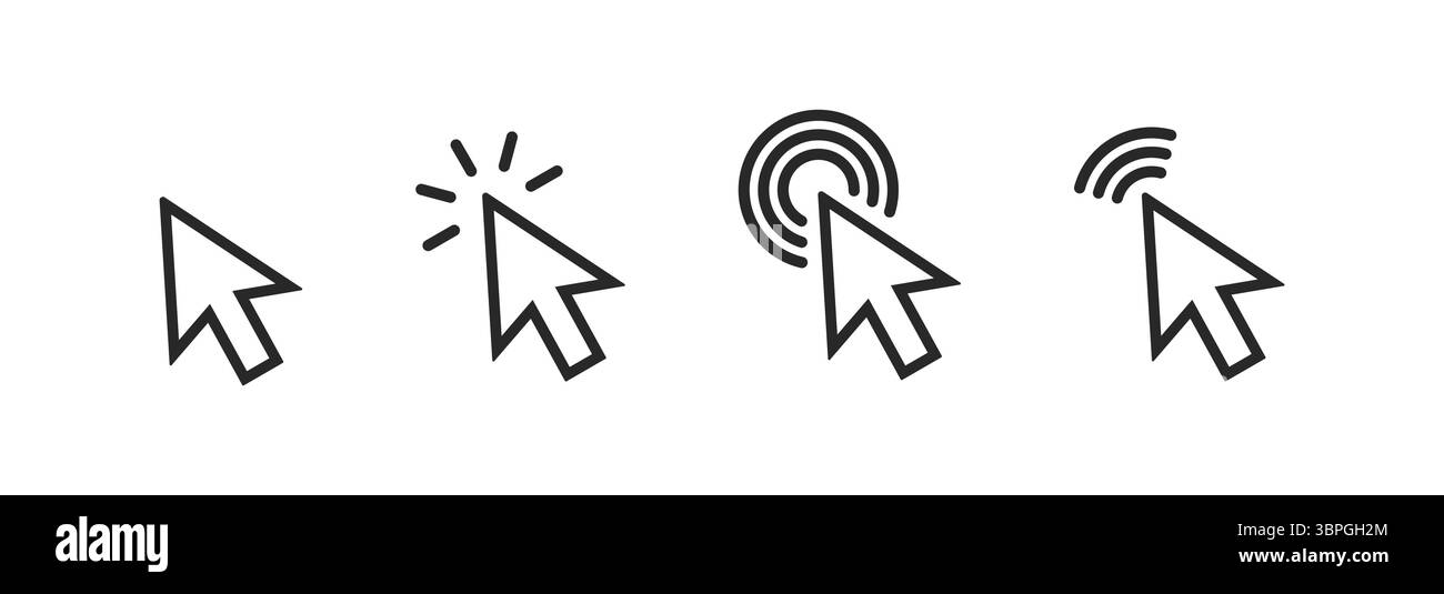 Cursorsymbole, die das Klicken, die Interaktion mit dem Mauszeiger, die Auswahl und die digitale Navigation mit Variationen, einschließlich Click-Effekten und -Signalen, darstellen Stock Vektor