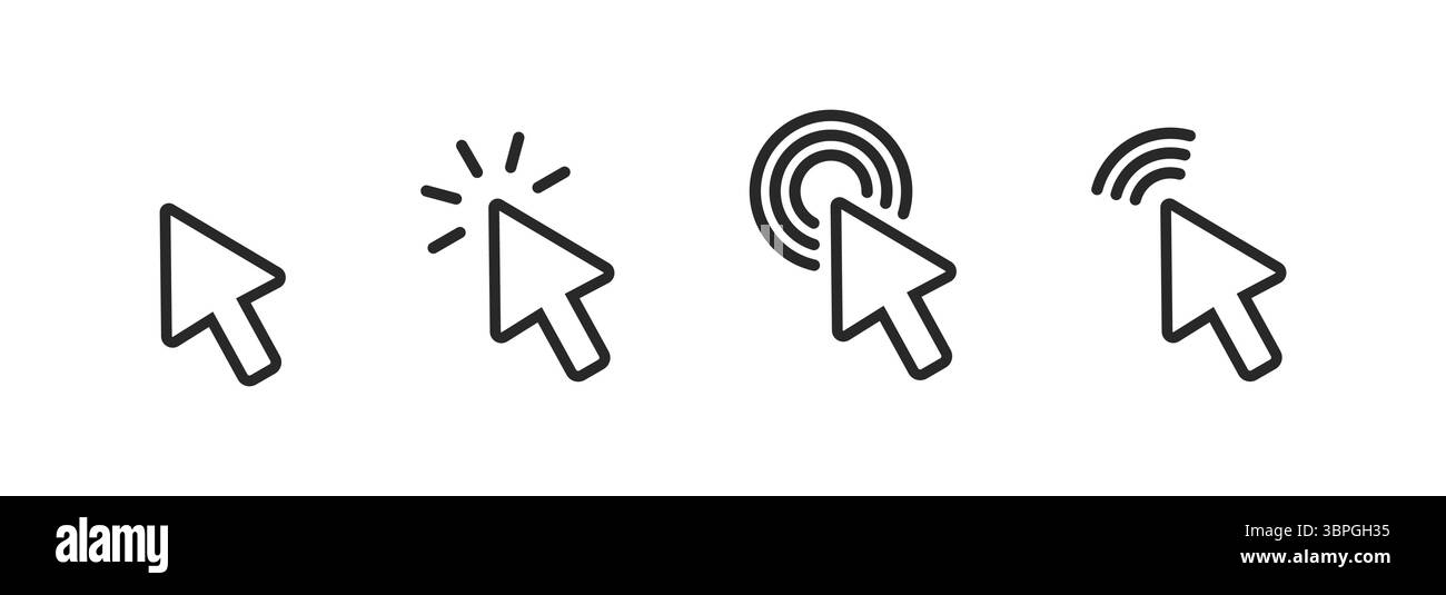 Cursorsymbole, die das Klicken, die Interaktion mit dem Mauszeiger, die Auswahl und die digitale Navigation mit Variationen, einschließlich Click-Effekten und -Signalen, darstellen Stock Vektor