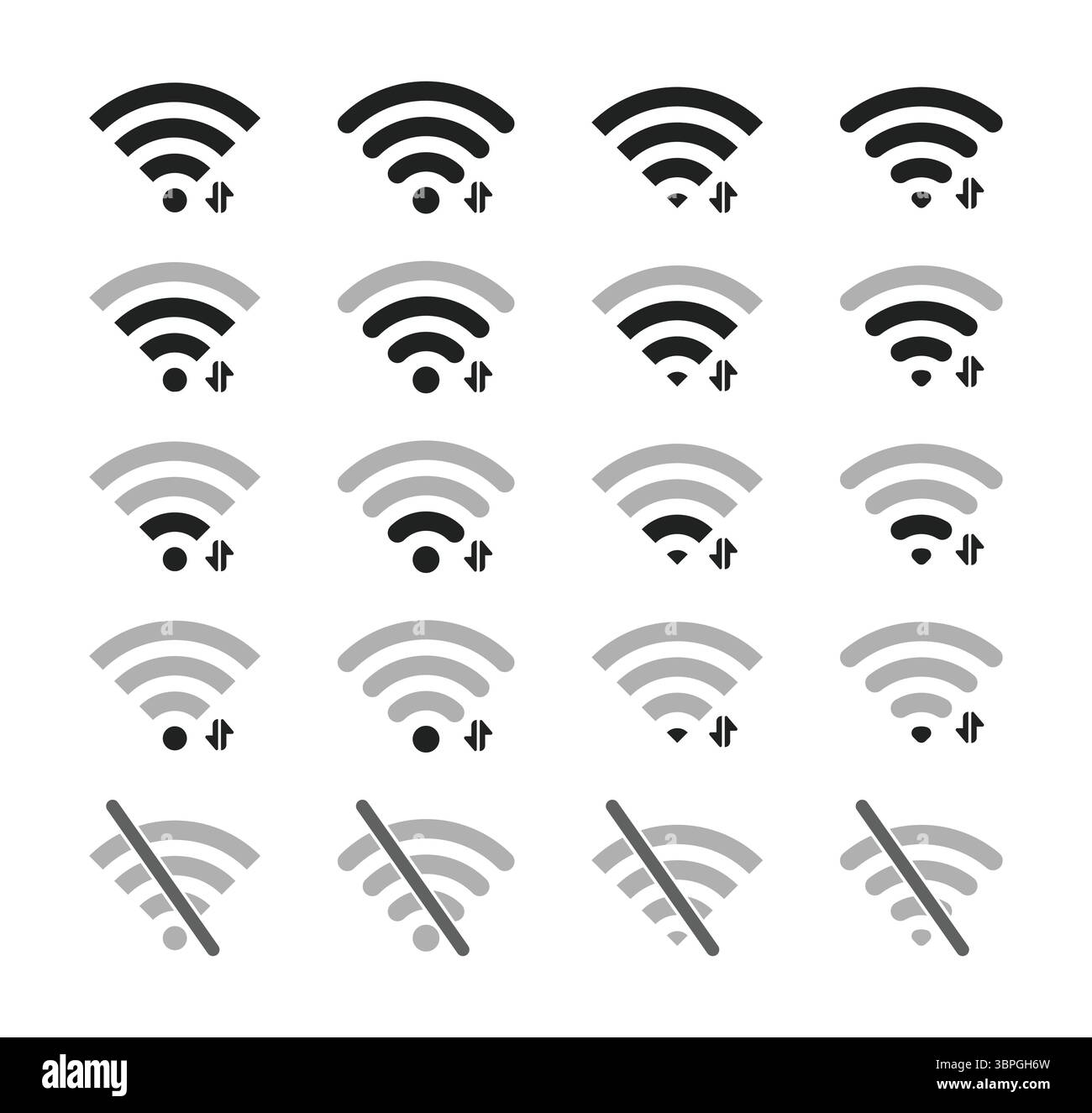 Wi-Fi-Signalsymbole für Netzwerkkonnektivität und Kommunikation mit unterschiedlicher Stärke und ohne Signal Stock Vektor