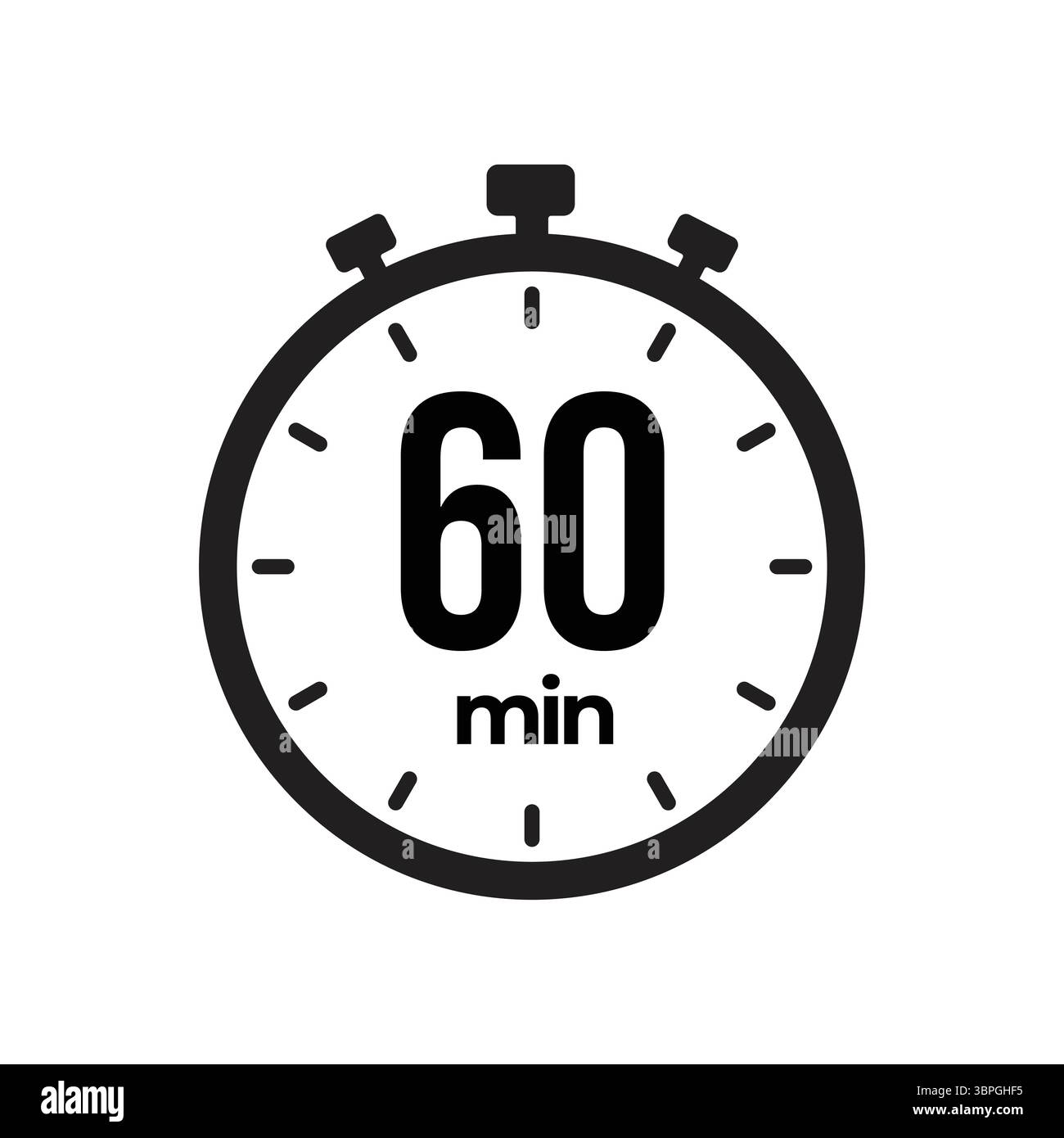 Stoppuhr zeigt 60 Minuten mit Zeitanzeige in Schwarz-weiß an Stock Vektor