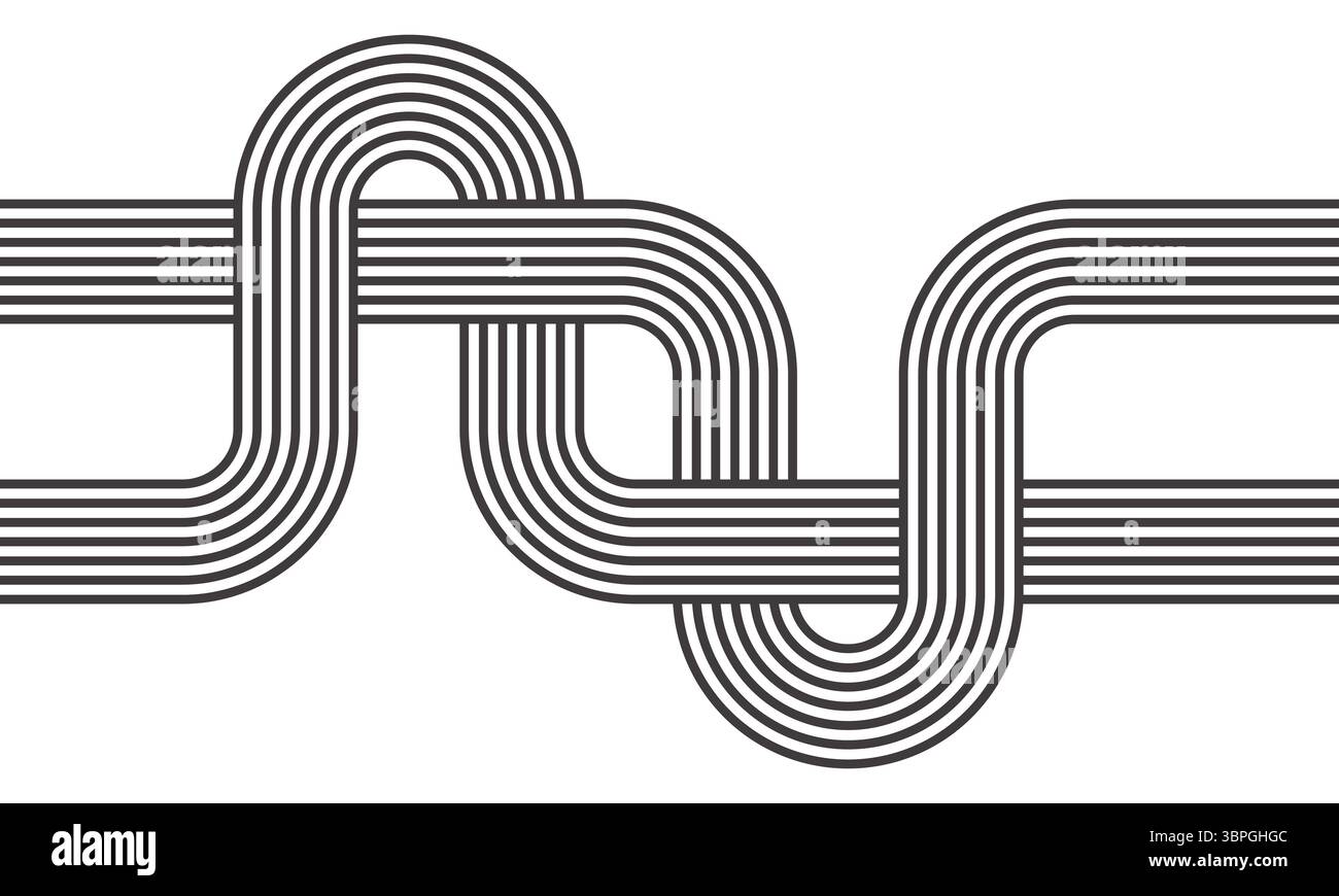 Abstraktes Design von sich schneidenden parallelen Linien, die ein komplexes Knotenmuster in Schwarz-weiß bilden Stock Vektor