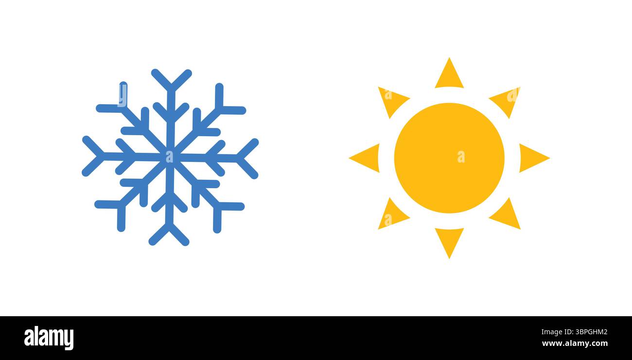 Wettersymbole mit Symbolen für kalte und heiße Temperaturen mit blauer Schneeflocke und gelber Sonne für Klima- oder saisonale Darstellung Stock Vektor