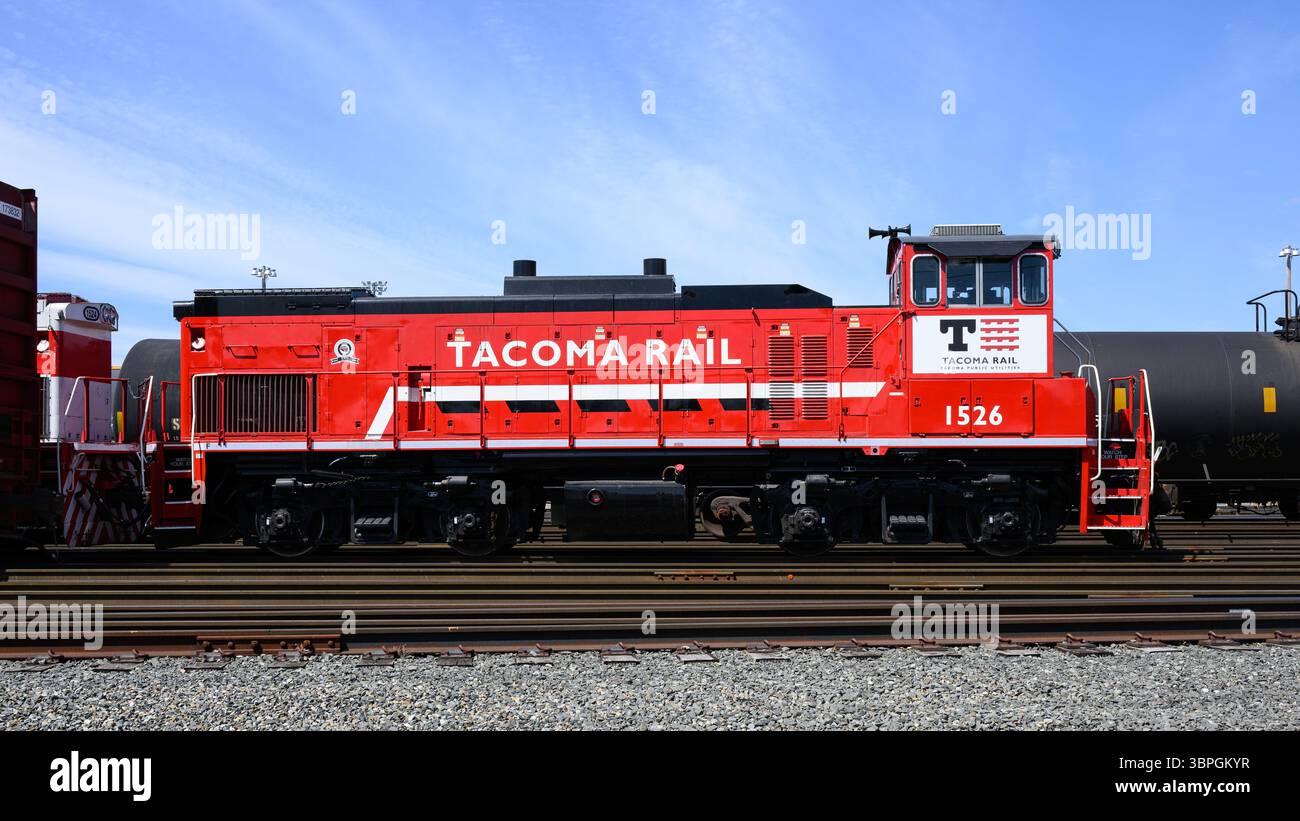 Tacoma, WA, USA - 2. Juli 2025; Tacoma Rail EMD MP-1500 von Tacoma Public Utilities im Hafen Stockfoto