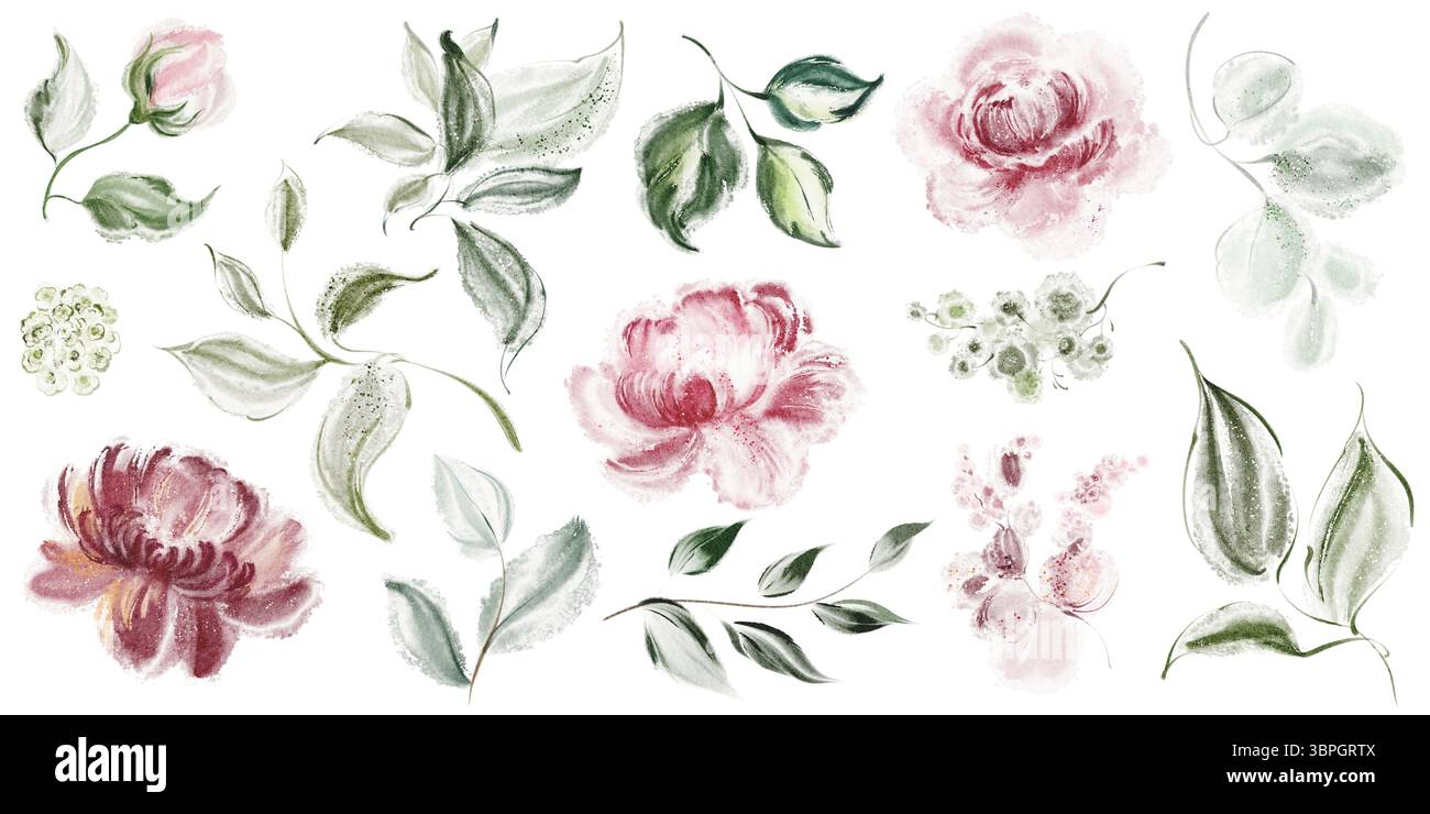Aquarell-Clipart mit handgemalten Elementen aus grünen Blättern, Rosenknospen und Pfingstrosen. Perfekt für Blumenmotive, Hochzeitseinladungen, Branding, Stockfoto