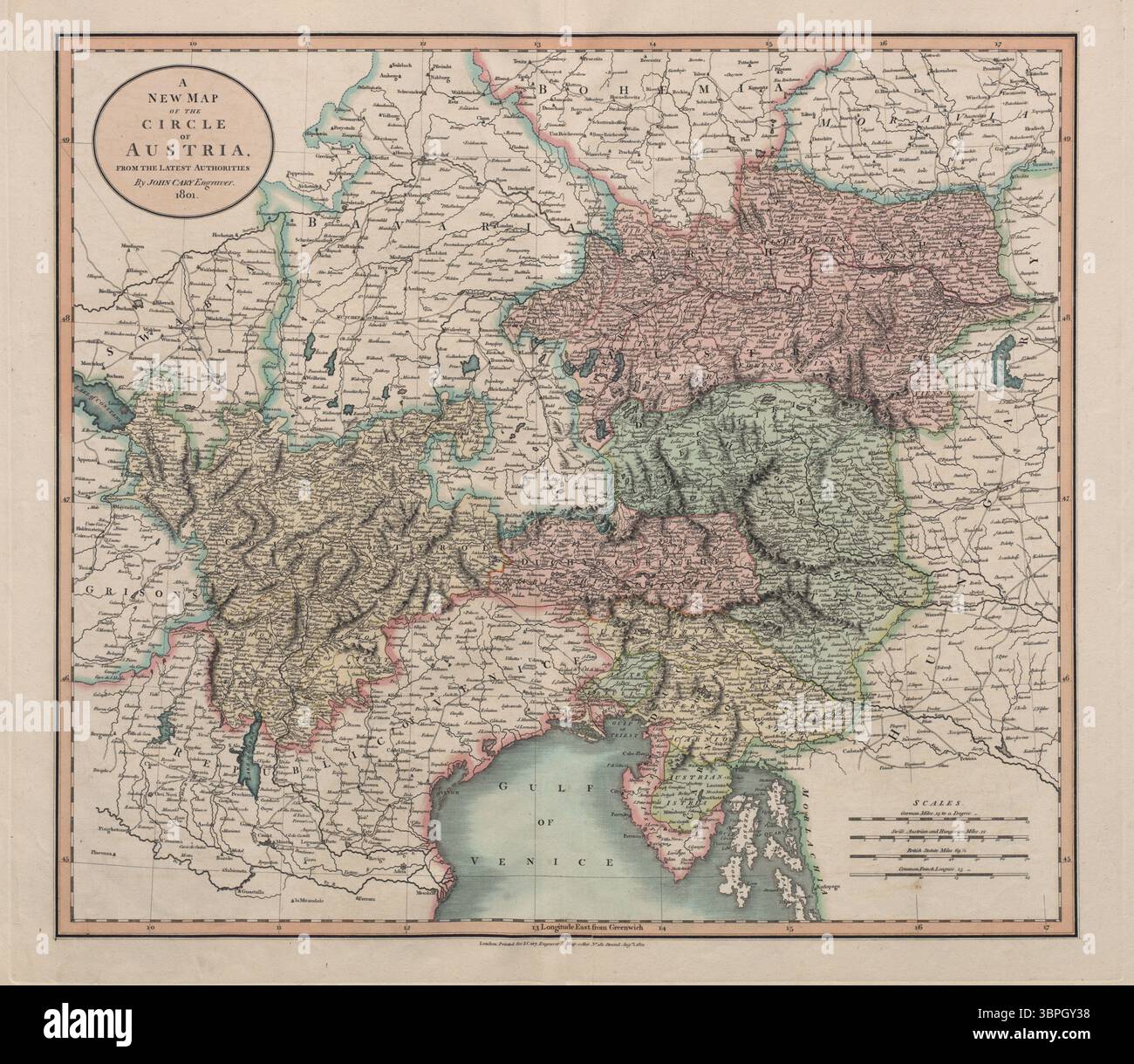 Eine neue Karte des österreichischen Kreises. 1801. Von John Cary, der die Grenzen um das österreichische Reich zu Beginn des 19. Jahrhunderts darstellt Stockfoto