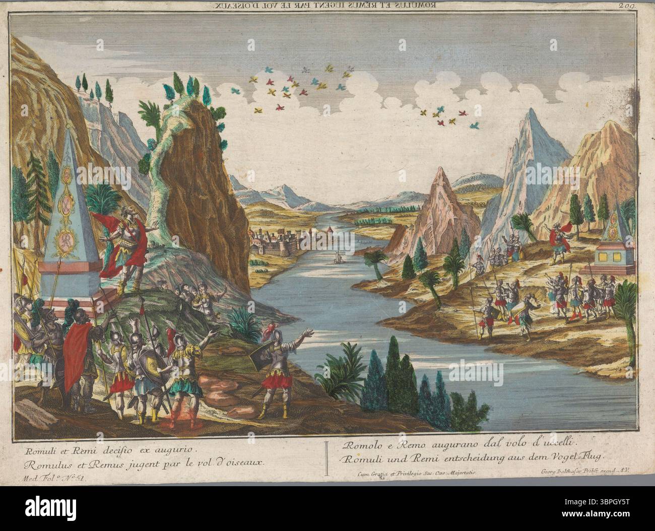 Romulus und Remus suchen in einem Vogelflug nach einem Omen. Die Anzahl der Vögel bestimmt, welcher der Zwillinge das Recht hat, eine Stadt zu gründen und ihr seinen Namen zu geben. Vintage Lithografie. 18. Jahrhundert von Georg Balthasar Probst Stockfoto