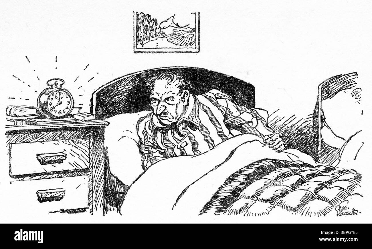 Ein mürriger Mann, der zu seinem Wecker aufwacht Stockfoto