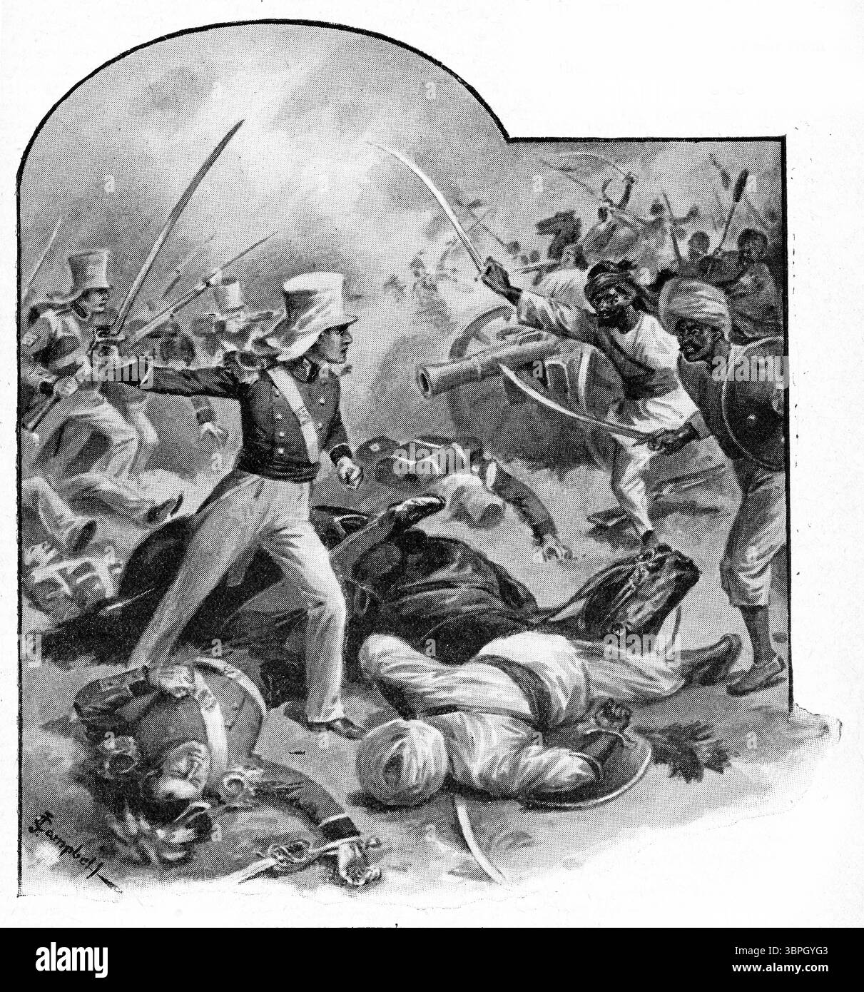 Briten und Indianer kämpfen auf dem Schlachtfeld Stockfoto