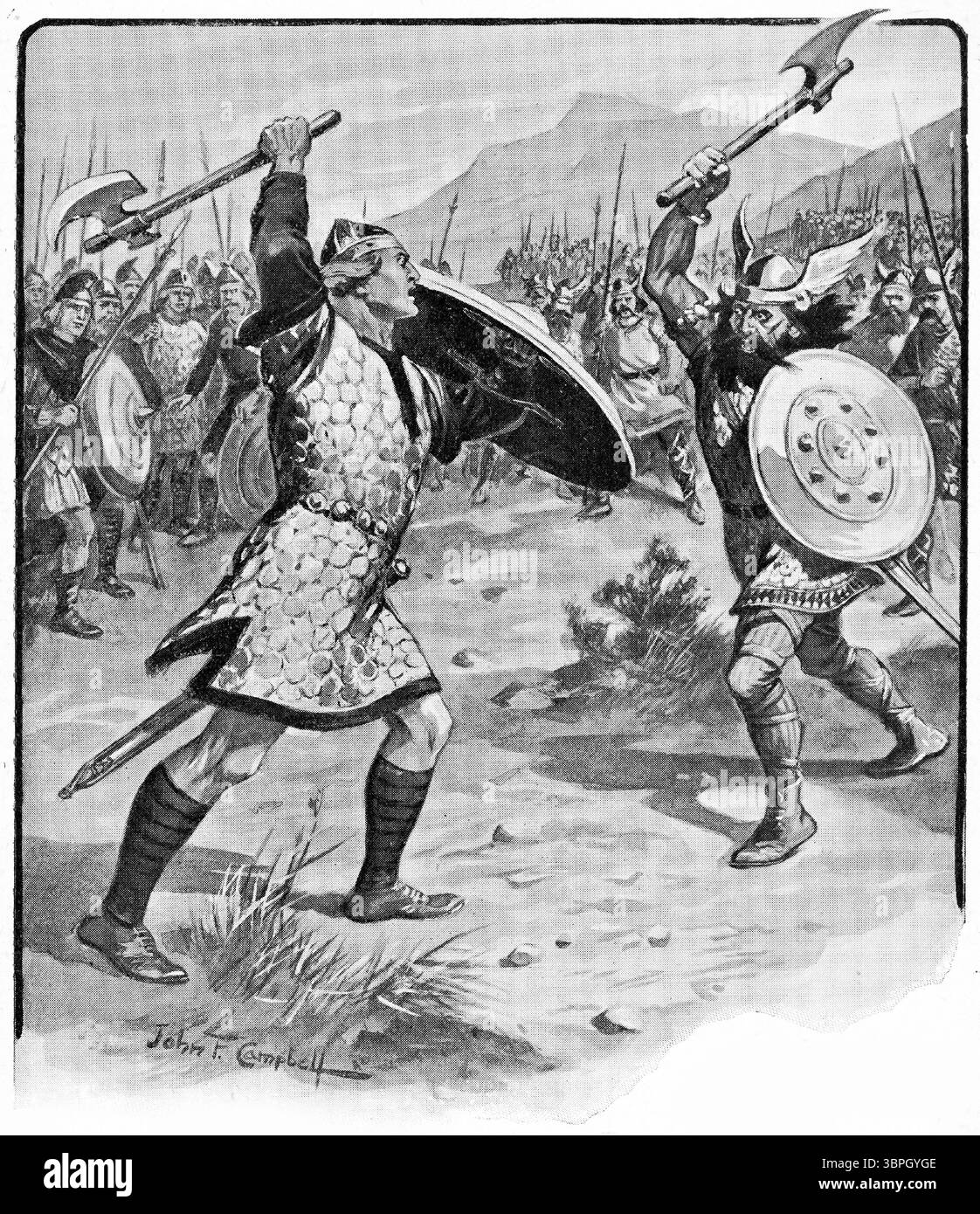 Zwei Champions kämpfen vor ihren Armeen, um einen Streit zwischen Wikinger und Sachsen beizulegen Stockfoto