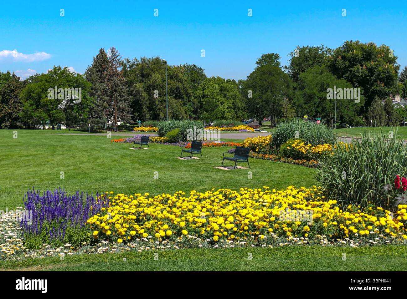 Cranmer Park mit seinen blühenden Blumenbeeten an einem sonnigen Sommertag. Ein wunderschön gestaltetes, geschätztes Wahrzeichen im Viertel Hilltop von Denver. Stockfoto