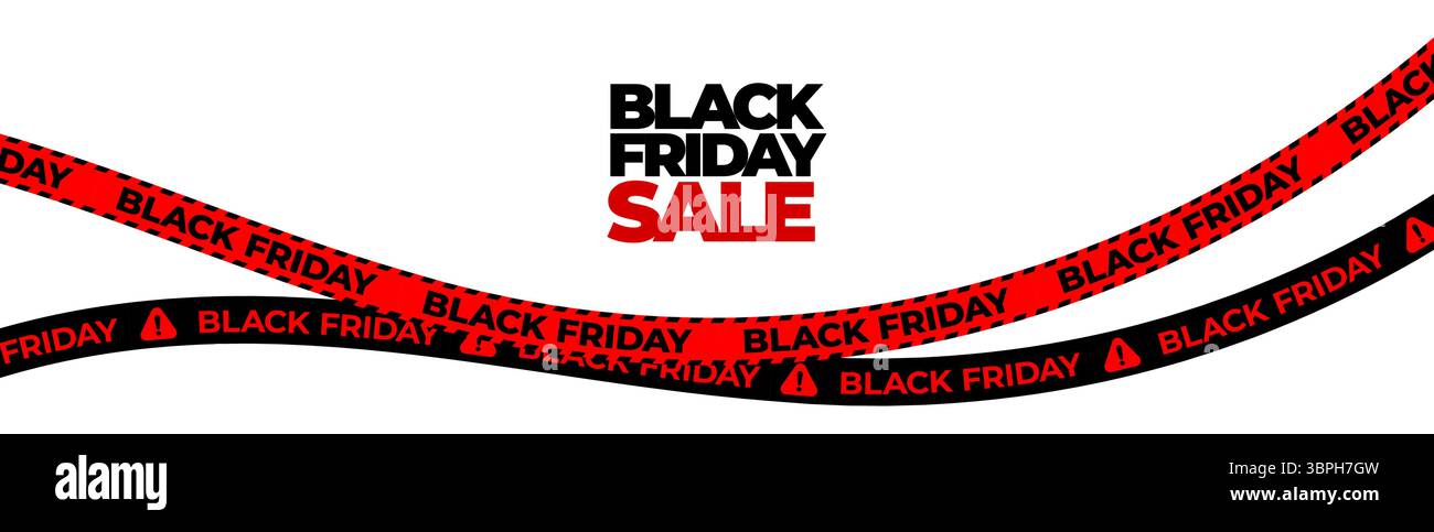 Schwarzes Band mit Warnstreifen am Freitag, Banner für dringende Verkaufsanzeige für Einzelhandelswerbung, Einkaufszone, Promotion-Label, dynamisches Marketing-Design. Kräftige rote Wellenlinie Stock Vektor