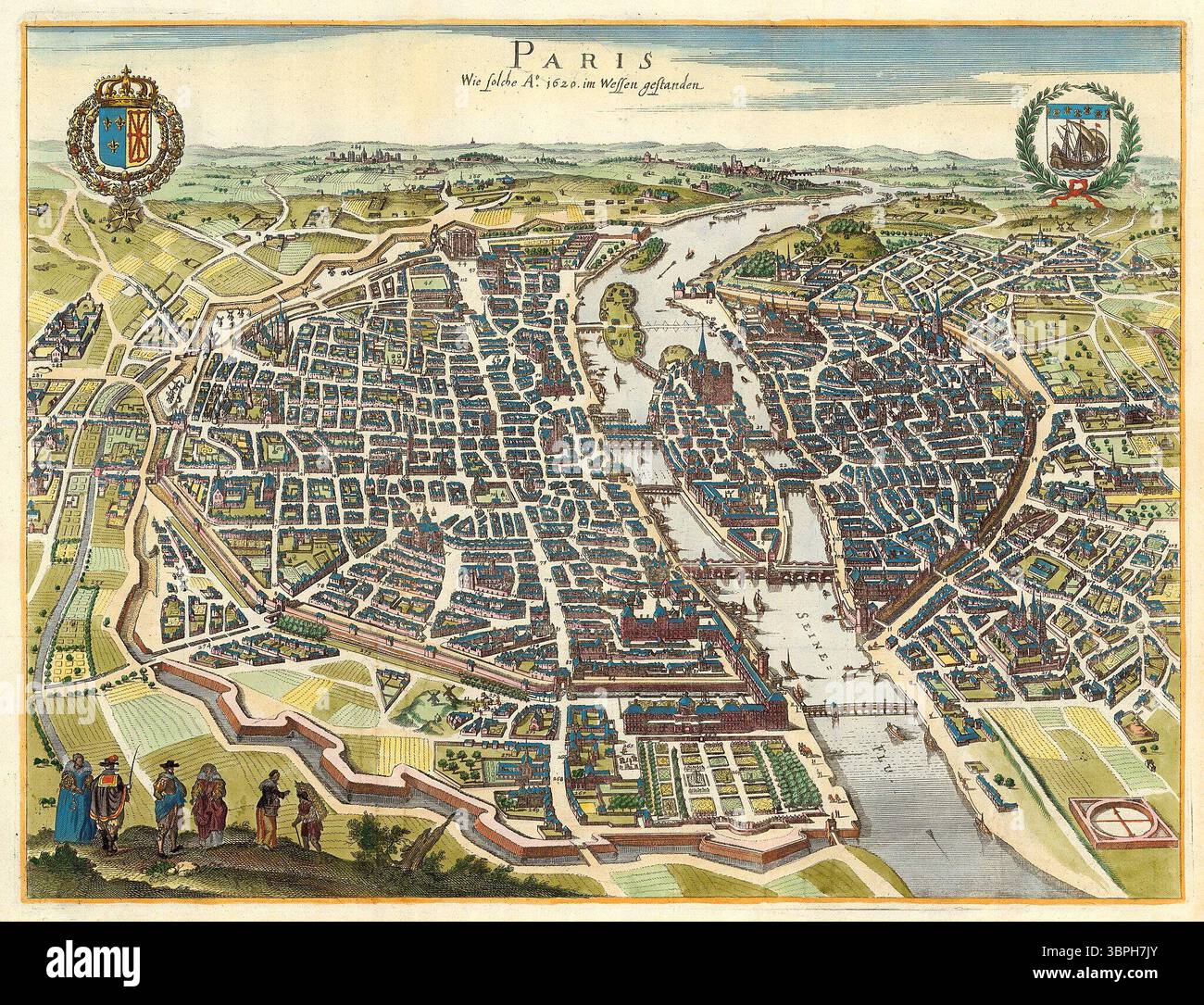 Historische Karte aus der Vogelperspektive mit dem Titel Paris wie solche Ao. 1620 im wessen gestanden, veröffentlicht 1655 von Caspar Merian. Dieser detailreiche Stich zeigt die Stadt Paris, wie sie um 1620 entstand, mit Wahrzeichen, Brücken über die seine, befestigten Mauern und umliegenden Landschaften. Stockfoto