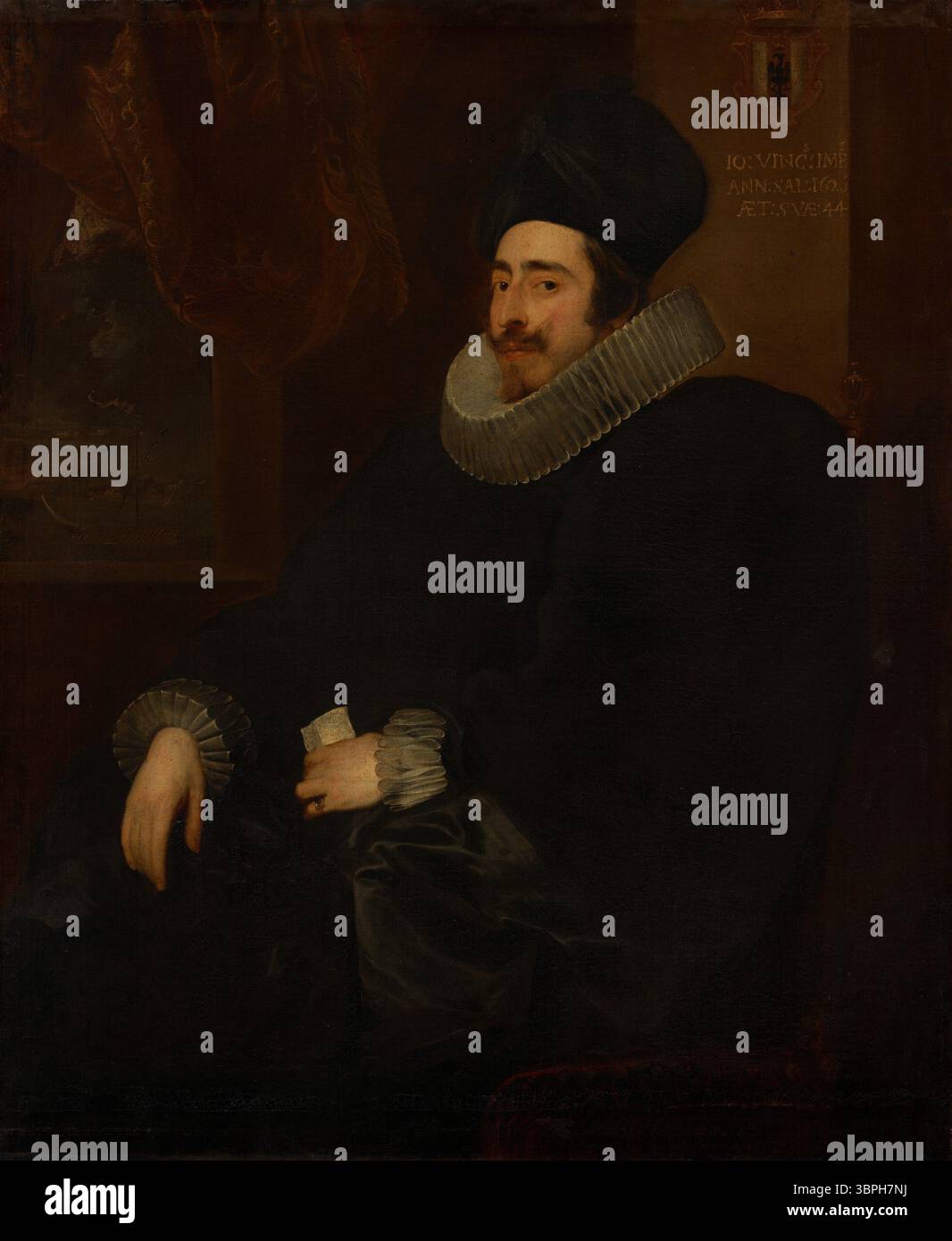 Porträt von Giovanni Vincenzo Imperiale, gemalt 1626 von Sir Anthony van Dyck. Der Genueser Adlige sitzt in dunklen, voluminösen Gewändern mit Faltenplisse und hält einen Brief, der auf den Betrachter gerichtet ist. In der Inschrift wird sein Alter als 44 angegeben. Flämischer Barockstil. Stockfoto