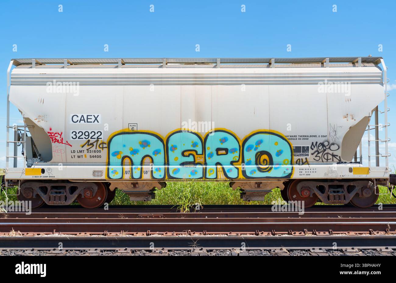 Farbenfrohe Graffiti-Designs auf einem Anschlussgleis in der Nähe von Cresson, Texas, USA Stockfoto