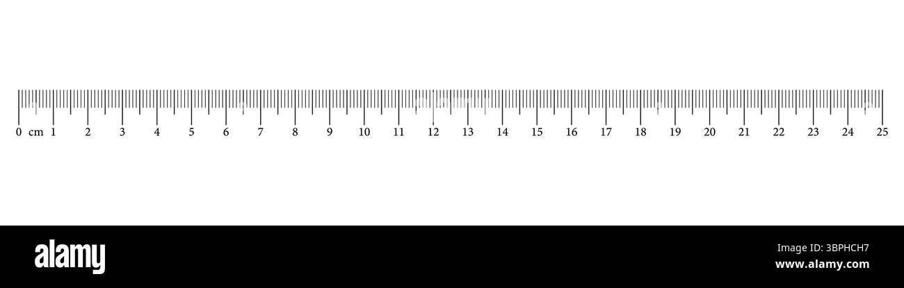 Maßtabelle mit 25 Zentimetern. Linealmaßstab mit Zahlen. Längenmessung mathematisch, Abstand, Höhe, Nähwerkzeug. Grafische Vektordarstellung. Stock Vektor