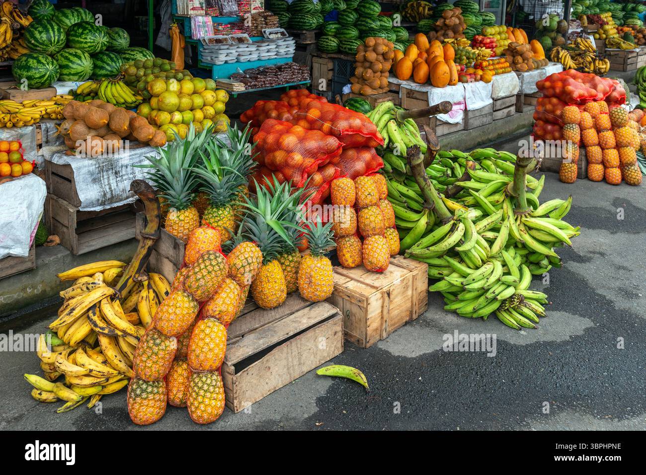 Obstmarkt mit Ananas, Banane, Wassermelonen und anderen tropischen Früchten, Ecuador, Südamerika. Stockfoto Obstmarkt mit Ananas, Banane, Wassermelonen und anderen tropischen Früchten, Ecuador, Südamerika. Stockfoto