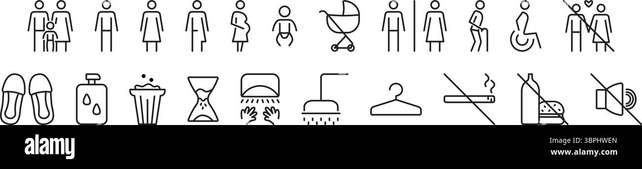 Öffentliche Toiletten mit schwarzen Linien, lgbt-freundliche bearbeitbare Symbole für WC-Zeichen, Vektorschilder-Sammlung für Toilette, Umkleidekabine und Badezimmer. Pictog Stock Vektor