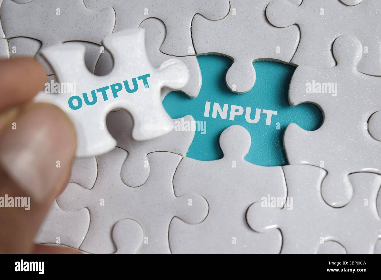 Hand hält ein Puzzlestück mit Wortausgabe oder -Eingabe. Geschäfts- und Finanzkonzept Stockfoto