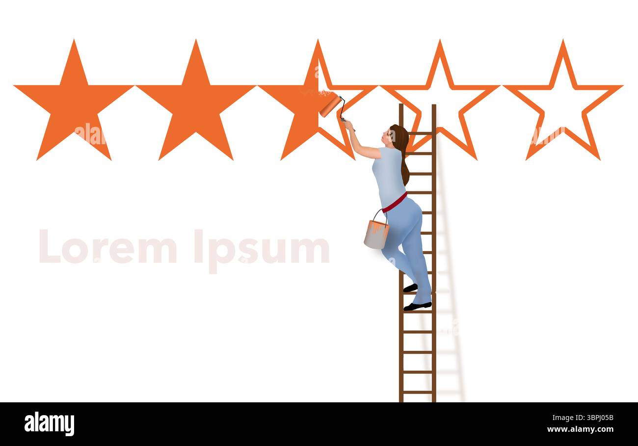 Eine Frau auf einer Leiter verwendet eine Malerwalze, um einen Bewertungsstern auszufüllen, wodurch ihr Geschäft 3 statt zweieinhalb Sternen erhält. Das ist eine 3D-Illusion Stockfoto