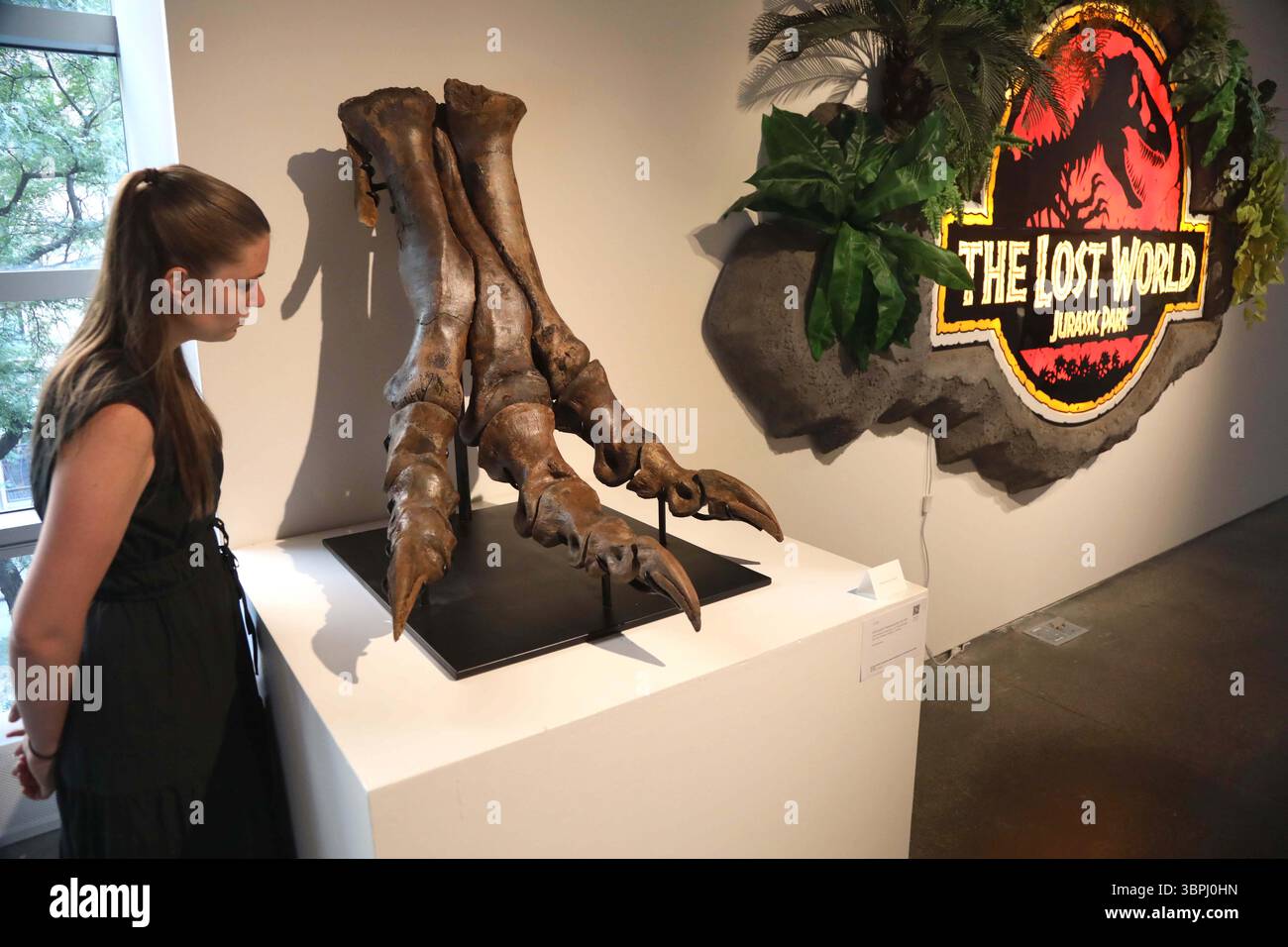 New York, New York, USA. Juli 2025. Eine Frau sieht eine bewegte Tyrannosaurus Rex Foot späte Kreidezeit (vor ca. 67 Millionen Jahren), Hell Creek Formation, Garfield Co., Montana, geschätzte 250.000 - 350.000, und The Lost World: Jurassic Park (1997) Original LED Sign aus SEGA's The Lost World: Jurassic Park Light Gun Arcade Game, ca. 1997 Schätzung 20.000 - 30.000, zu sehen in der Pressevorschau zur Geek Week 2025 in Sotheby's New York. (Kreditbild: © Nancy Kaszerman/ZUMA Press Wire) NUR REDAKTIONELLE VERWENDUNG! Nicht für kommerzielle ZWECKE! Stockfoto