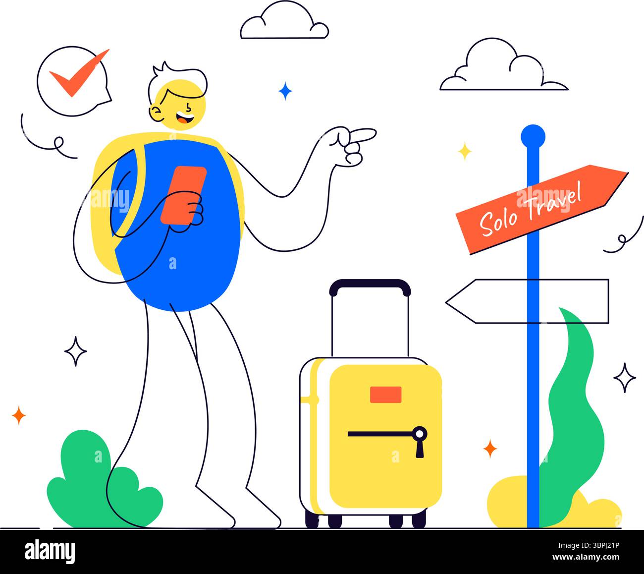 Solo Travel Vector Illustration mit einem Charakter, der allein für Entspannung im Freien, Urlaubsaktivitäten und einen abenteuerlichen Lebensstil reist Stock Vektor
