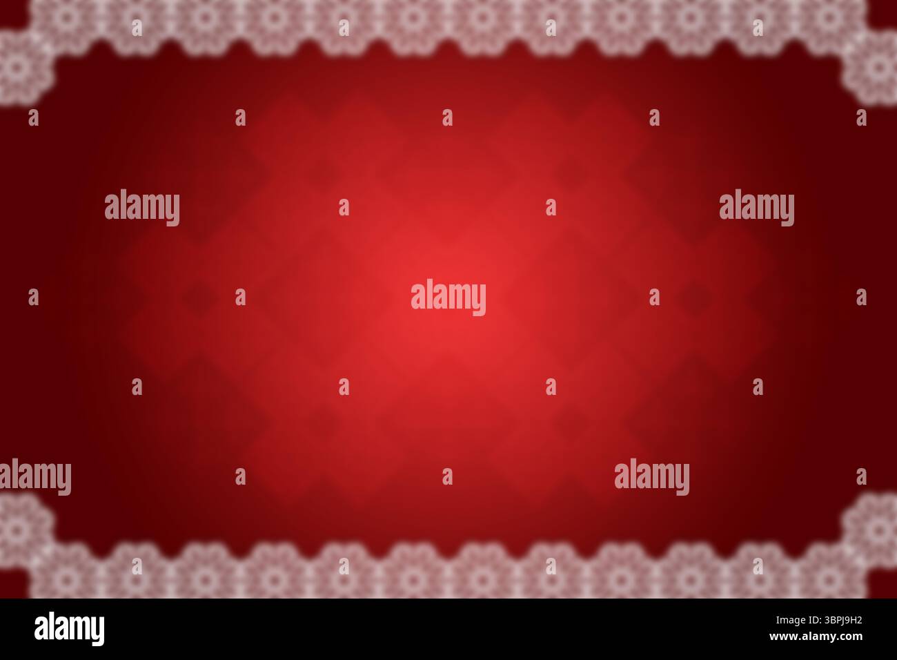 Rotes Farbverlaufsfeld mit verschwommenen Diamantmotiven und weißen, floralen Spitzenrändern in flachem Design Stockfoto