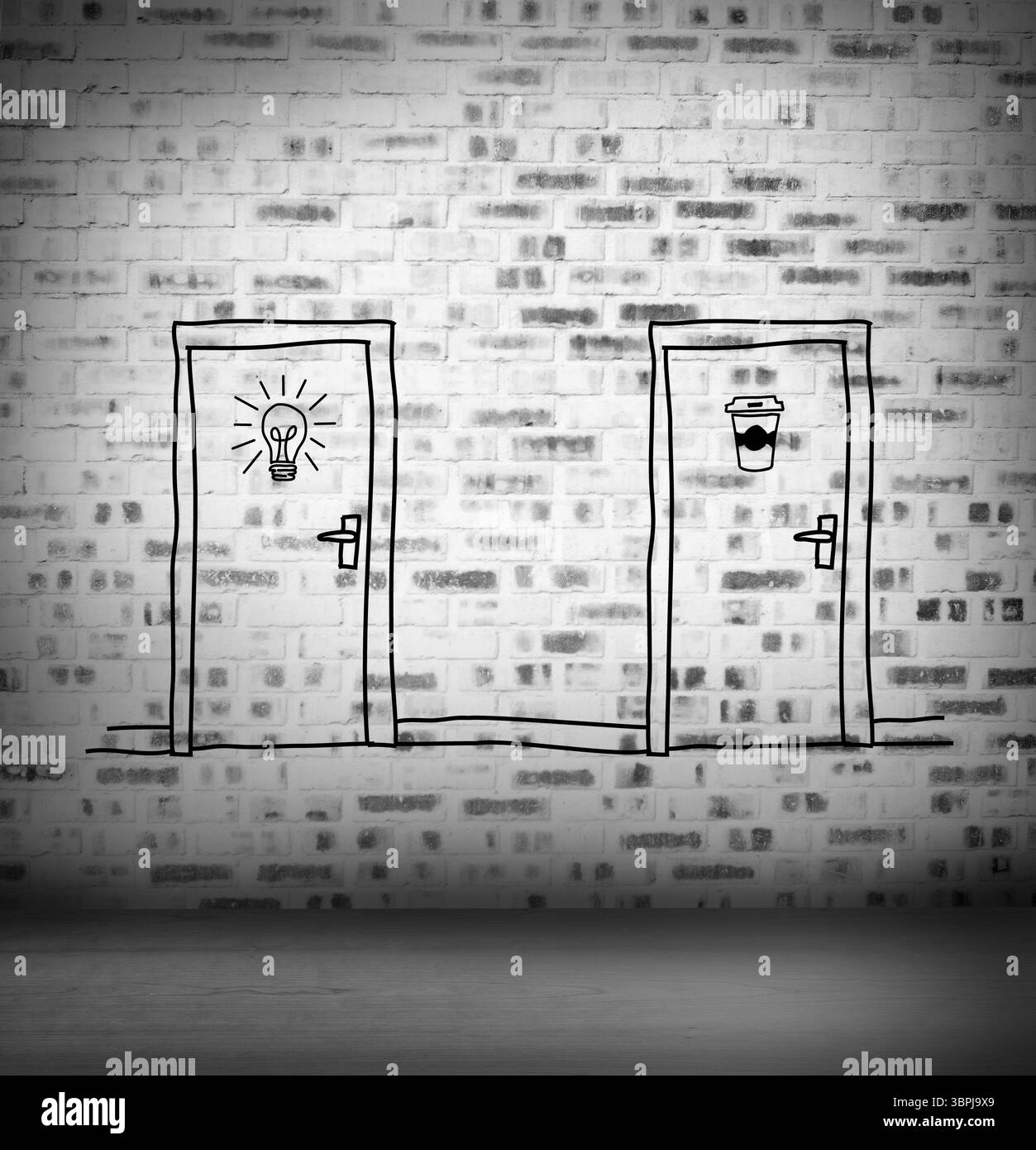 Grafik mit Türen und Glühlampe im leeren grauen Raum Stockfoto