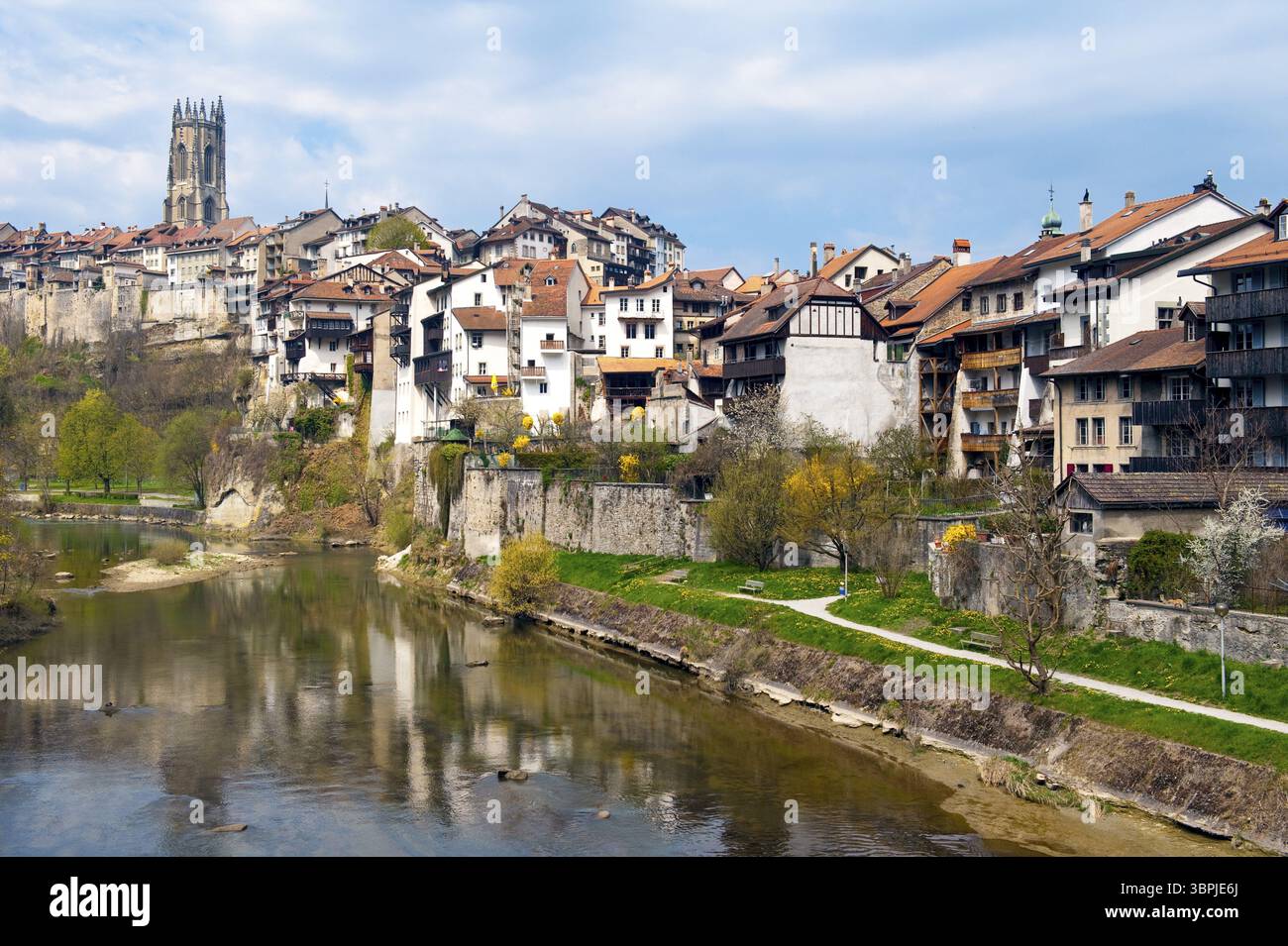 Eine Reihe von Häusern mit dem Turm der Kirche St. Nikolaus auf einem Felsen am Ufer des Flusses Saane in der Altstadt von Freiburg, Schweiz, Fribou Stockfoto