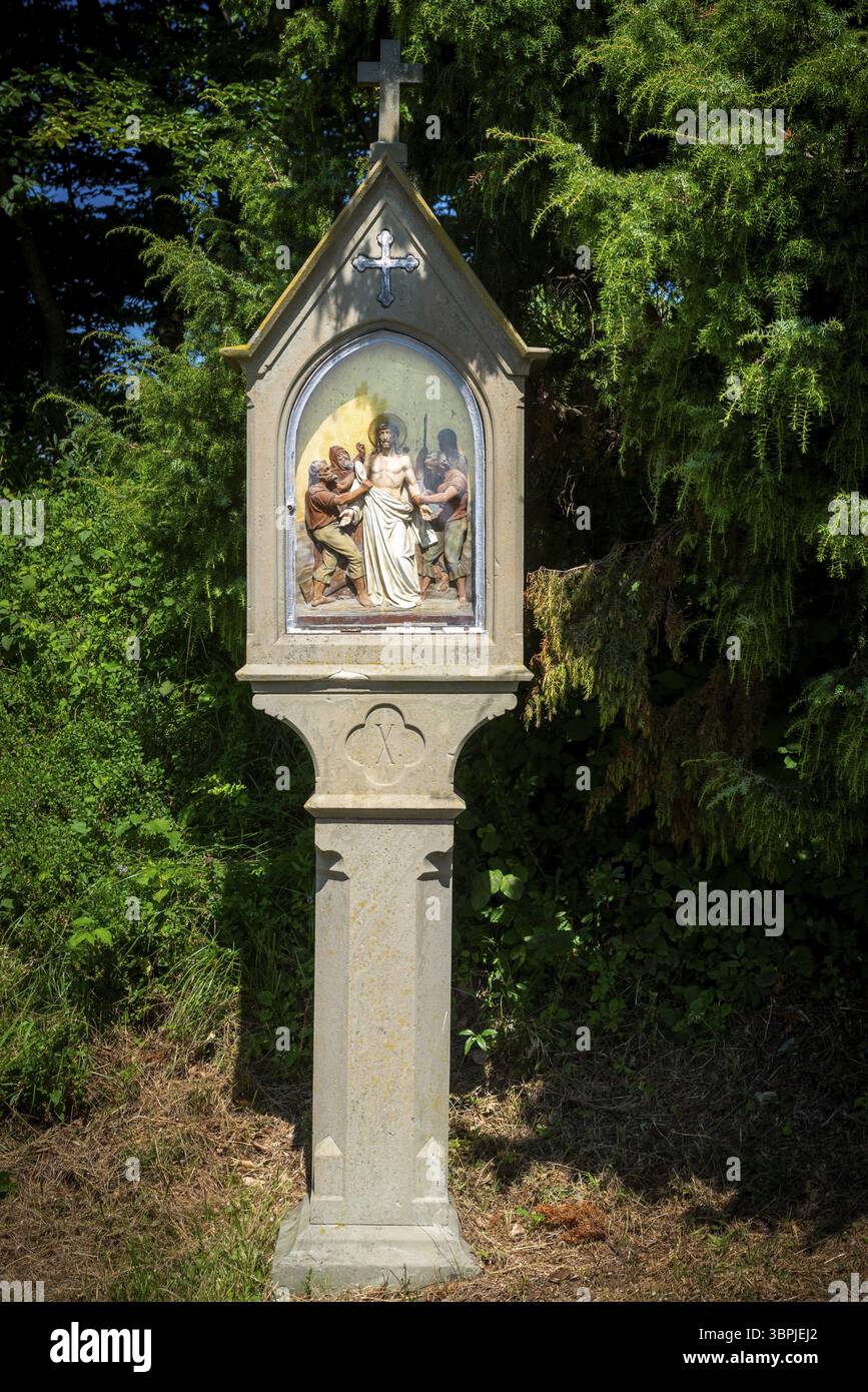 Ein Wegeskreuz oder ein Schrein am Wegesrand mit christlichen Szenen aus dem Leben Christi hinter Glas auf einem Waldweg im Licht der Sonne Stockfoto