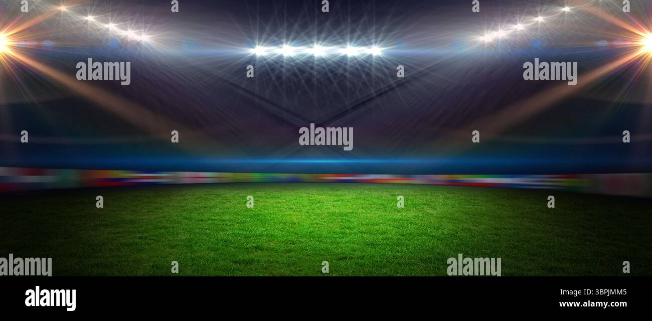 Der leere Rasenplatz wird durch Flutlichter im offenen Stadion in flachem Design mit bunten Bannern beleuchtet Stockfoto