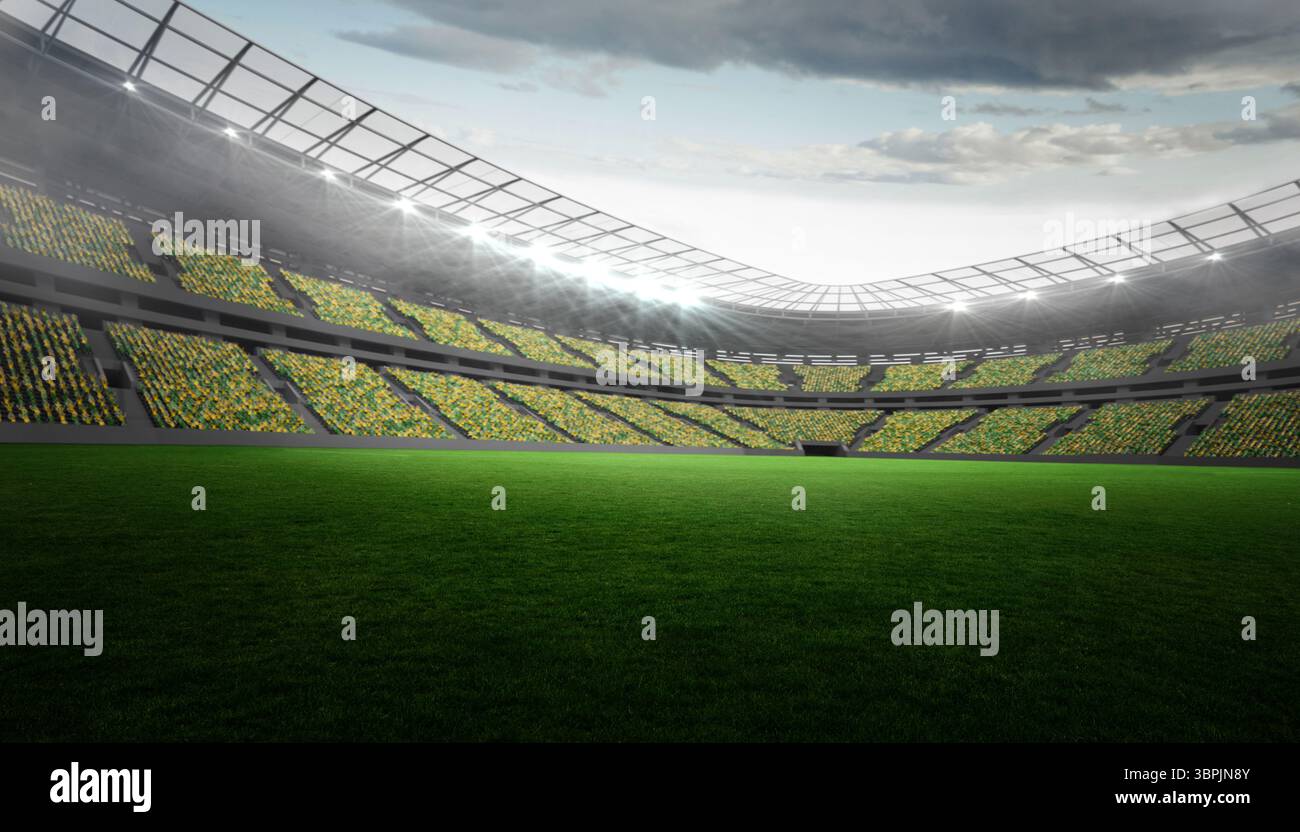 Das flache Fußballstadion bietet Rasenplätze und mehrstufige Sitzplätze unter dem lichtdurchfluteten Bogendach Stockfoto