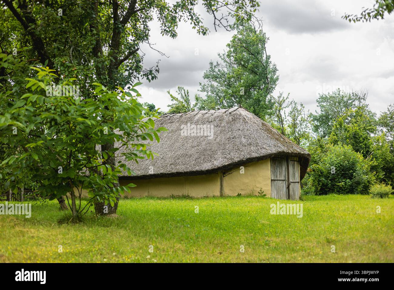 Altes ukrainisches Haus mit Strohdach Stockfoto