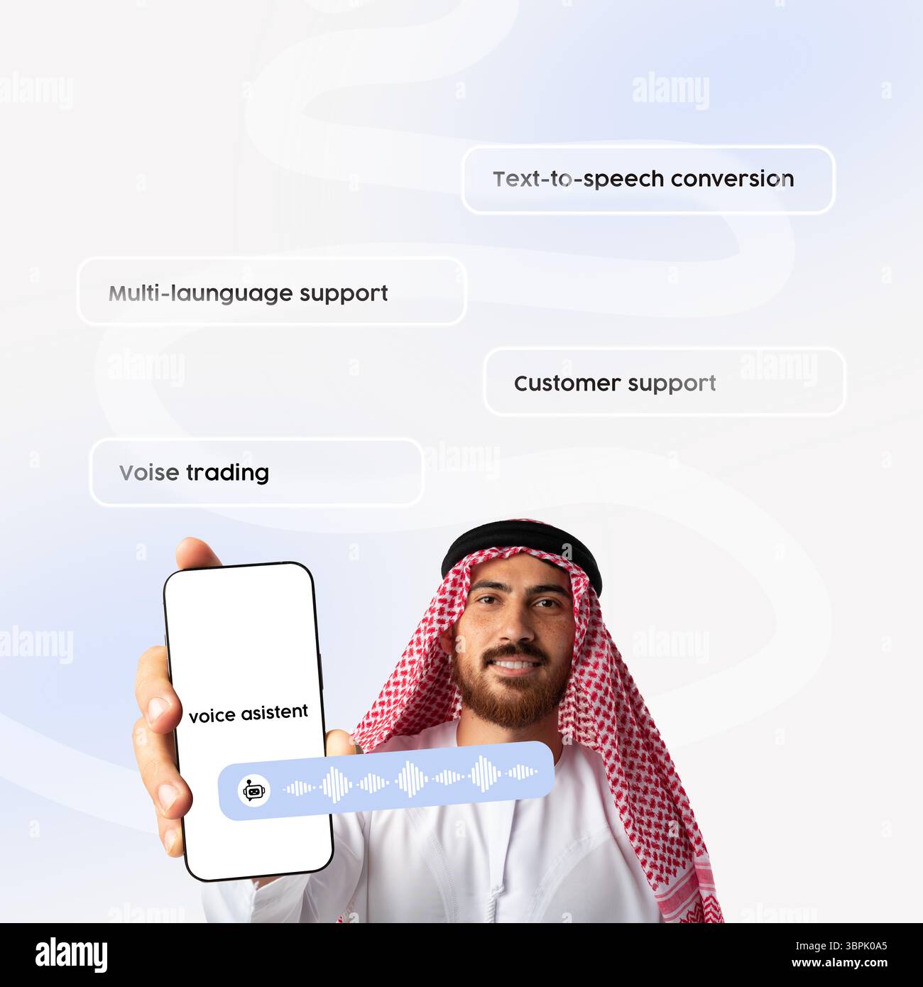 Die innovative Sprachassistent-Technologie verbessert den Kundensupport mit mehrsprachigen Funktionen und Text-in-Sprache-Konvertierung Stockfoto