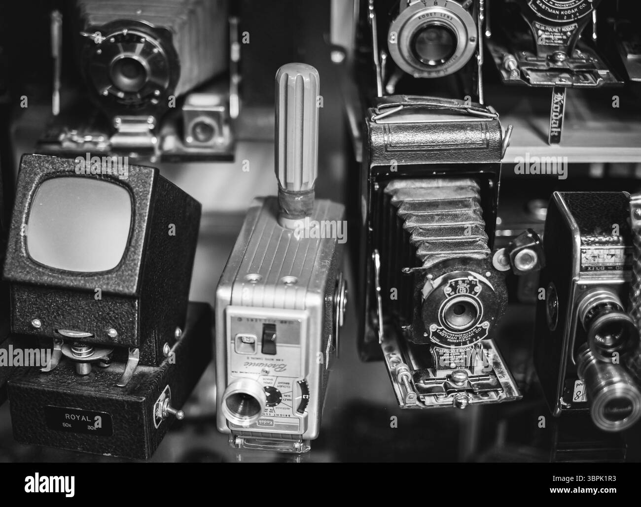 Sammlung von Retro-Filmkameras, verschiedene Modelle alter Fotokameras. Set klassischer Vintage-Filmkameras aus alten Zeiten in einem Regal. Nahaufnahme. Blac Stockfoto