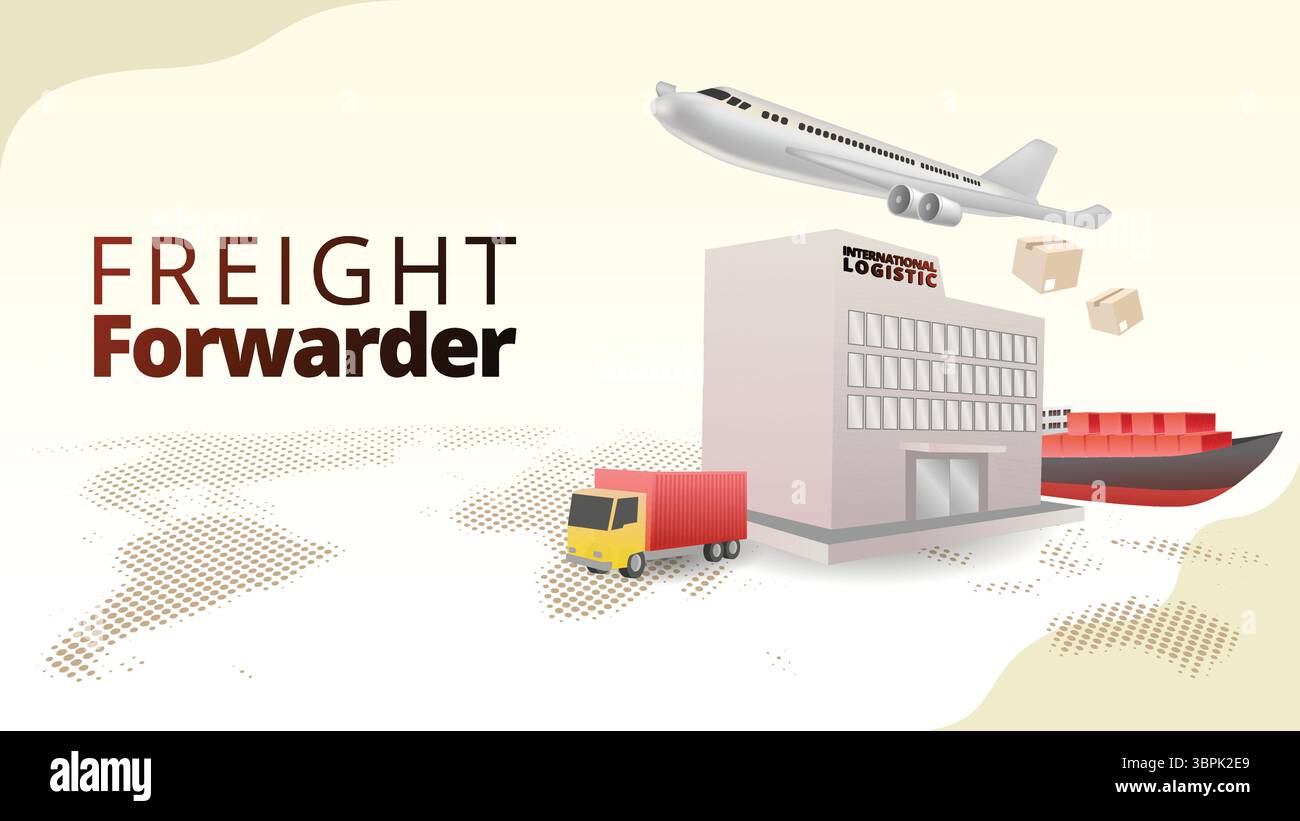 Spediteur-Konzept. Ein Unternehmen, das die Lieferung von Waren zwischen Ländern organisiert. Illustration des Konzepts für das Supply Chain Management. Stock Vektor